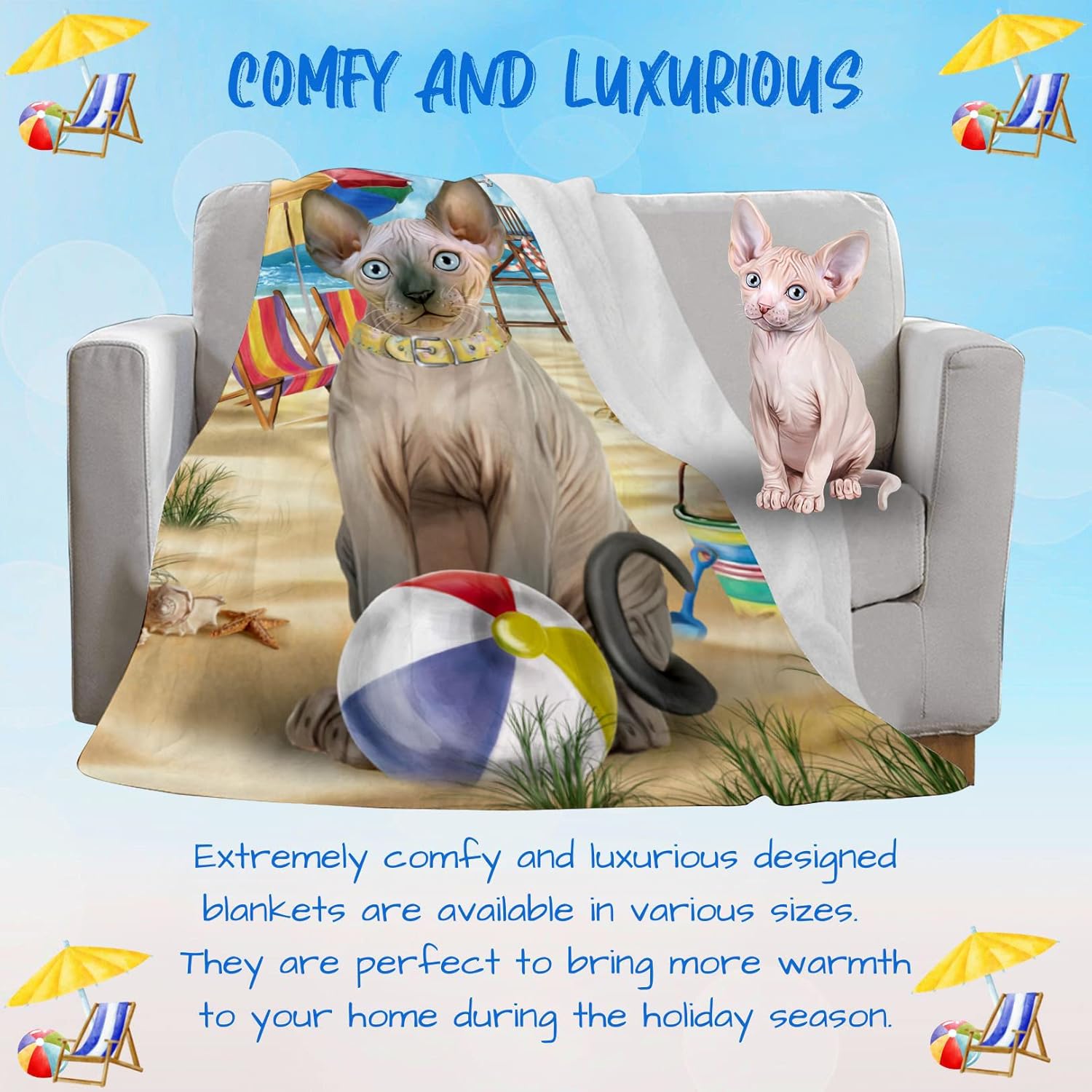Pet Friendly Beach Sphynx Cat Blanket - Lightweight Super Soft Cozy and Durable Bed Blanket - Animal Theme Fuzzy Blanket for Sofa Bed Couch BLNKT56936 (60x80 Fleece)