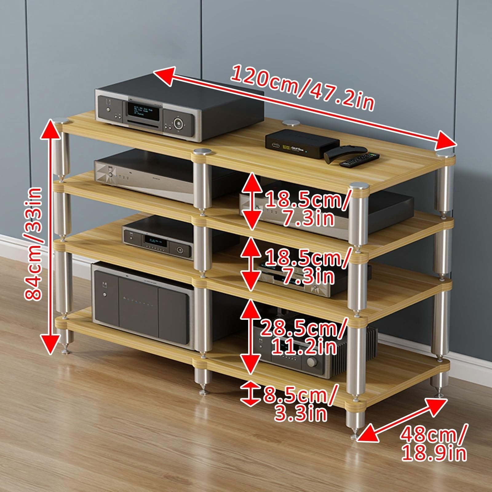 2/3/4-stufiger AV-Medienständer, Stereo-Regal-Organizer, Audio-Video-Medienständer, offener Audioständer aus Holz mit stoßdämpfenden Füßen, Ständer für Videospielkonsolen(Light Walnut,4-layer)