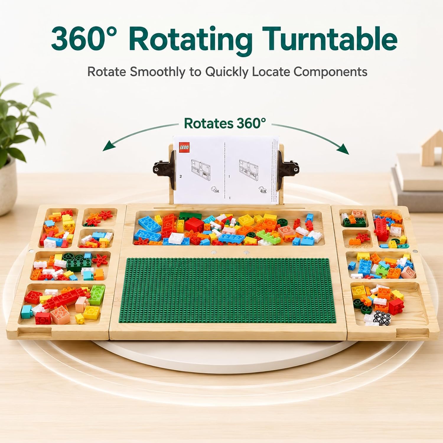 Building Baseplate Table with Storage Trays, Building Tray Board for Adults, Multi-Purpose Sensory Table with 360 Rotating, Includes 2 Building Brick Base Plates, Foldable for Easy Storage image 4