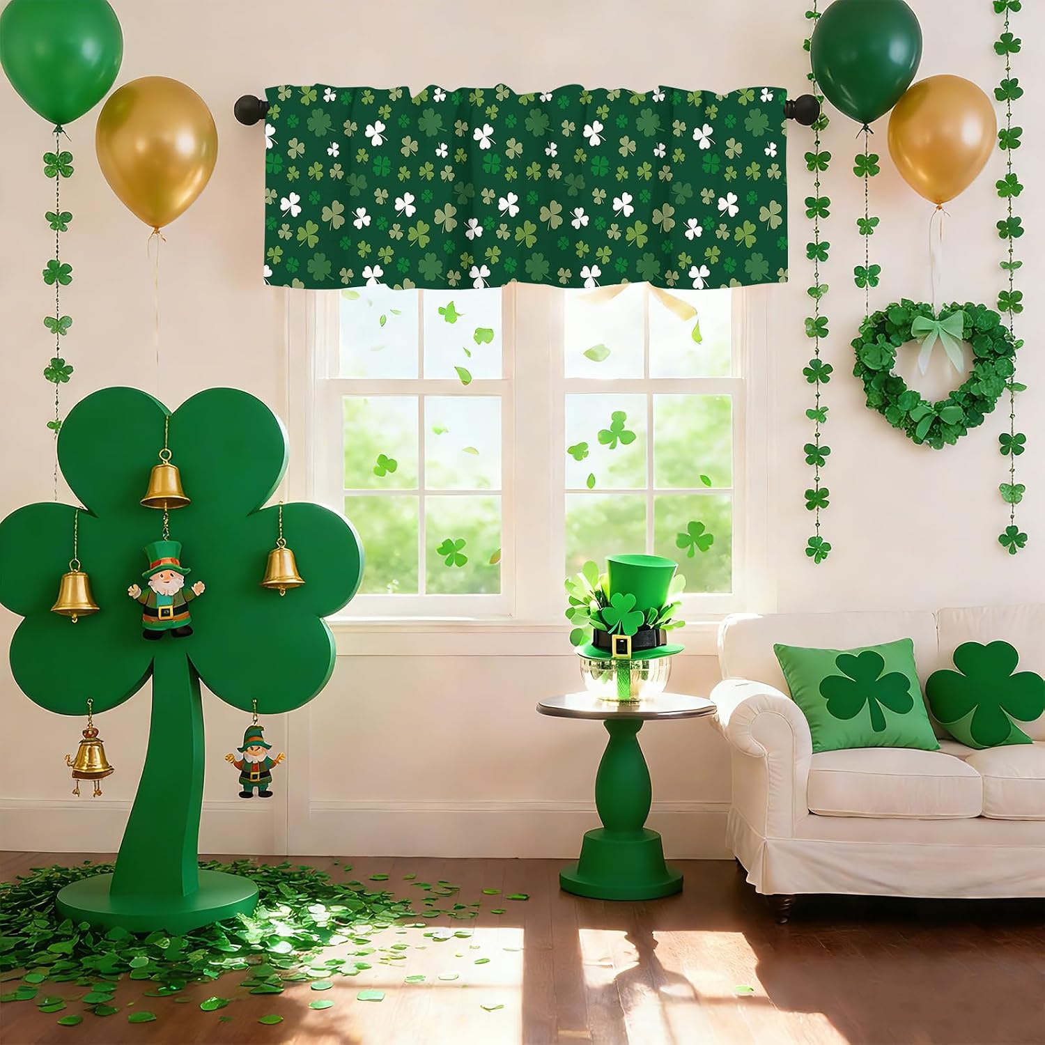 St Patrick Day Valance Curtain for Kitchen Windows, 54x18 Inch Green Shamrock Holiday Design, Rod Pocket Window Treatment for st Patrick’s Day Decor, Living Room, Cafe