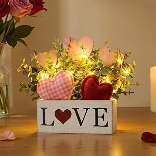 Valentines Day Decor, Rustic Wooden Love Sign Planter Box with Artificial Greenery, Farmhouse Valentines Table Centerpieces Decorations with Hearts & LED Lights for Desk Mantel Home Kitchen Office