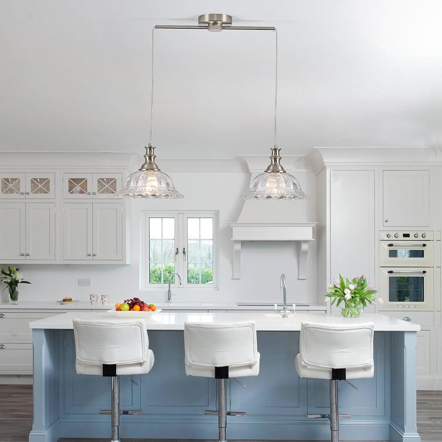 HDDFL 2 Light Pendant Light Fixtures Modern Glass Hanging Lights with Adjustable Cord for Kitchen Island Dining Room Living Room Hallway Brushed Nickel Metal