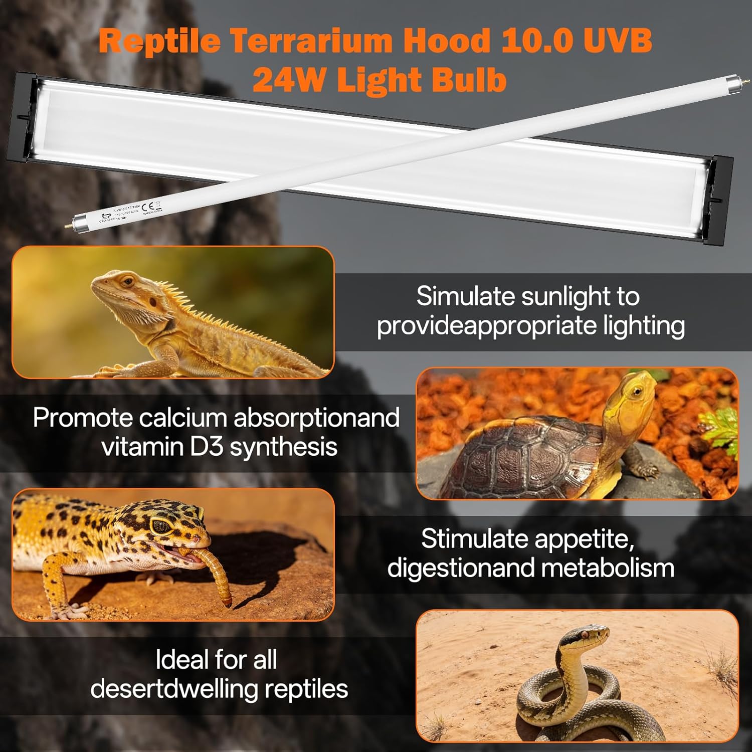 T5 UVB Reptile Light Fixture Combo Kit 24W: 10.0 UVB Light for Reptiles Terrarium Hood Comes with Ho UVB Lamp, 22'' Linear UVB Light Bar for Desert Bearded Dragon,Turtle,Gecko - UV Sensor Test Card