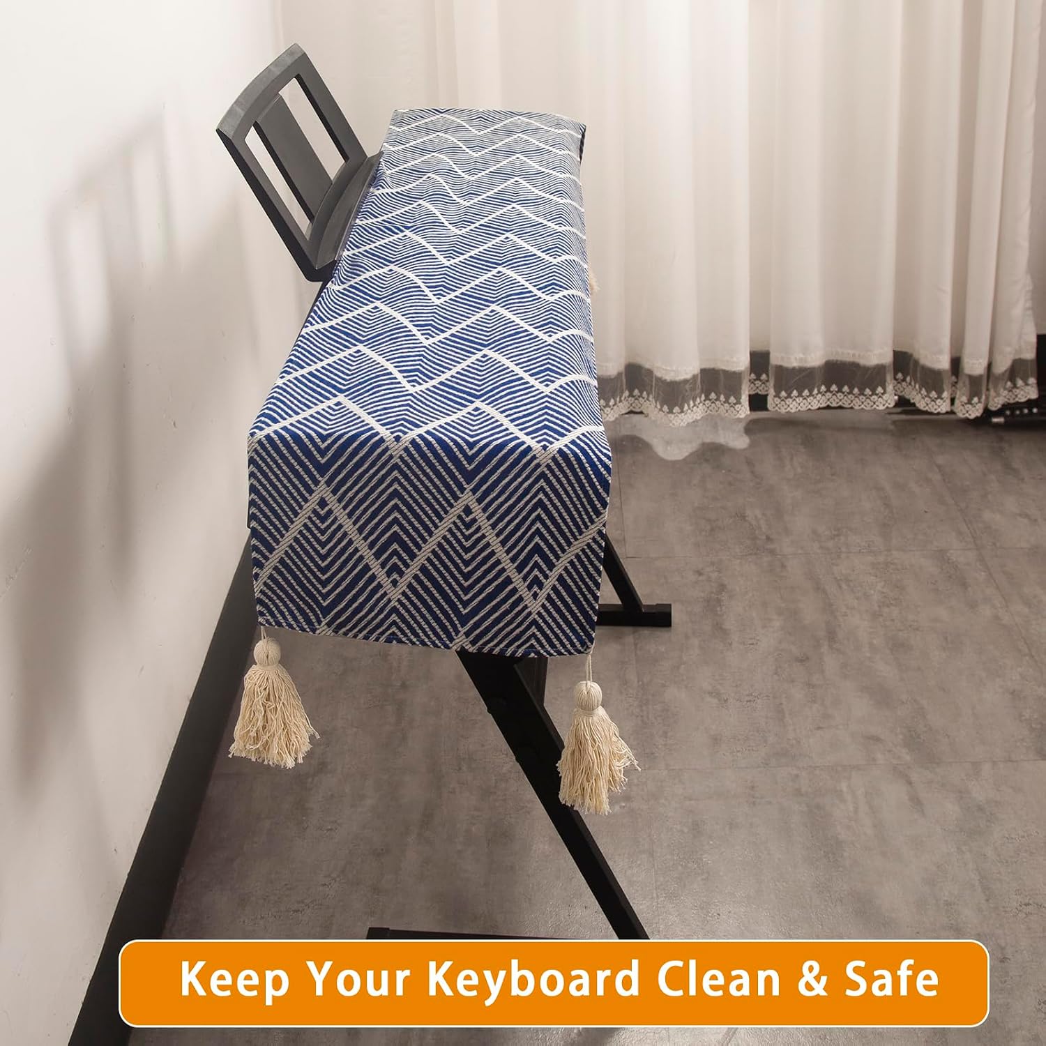 Waterproof Keyboard Cover, Fits 61/76/88 Key Electronic Keyboards, Piano Cover with Tassels, Soft Thick Fabric, Dustproof, Universal Fit for Yamaha Casio Roland (Navy Blue And White)