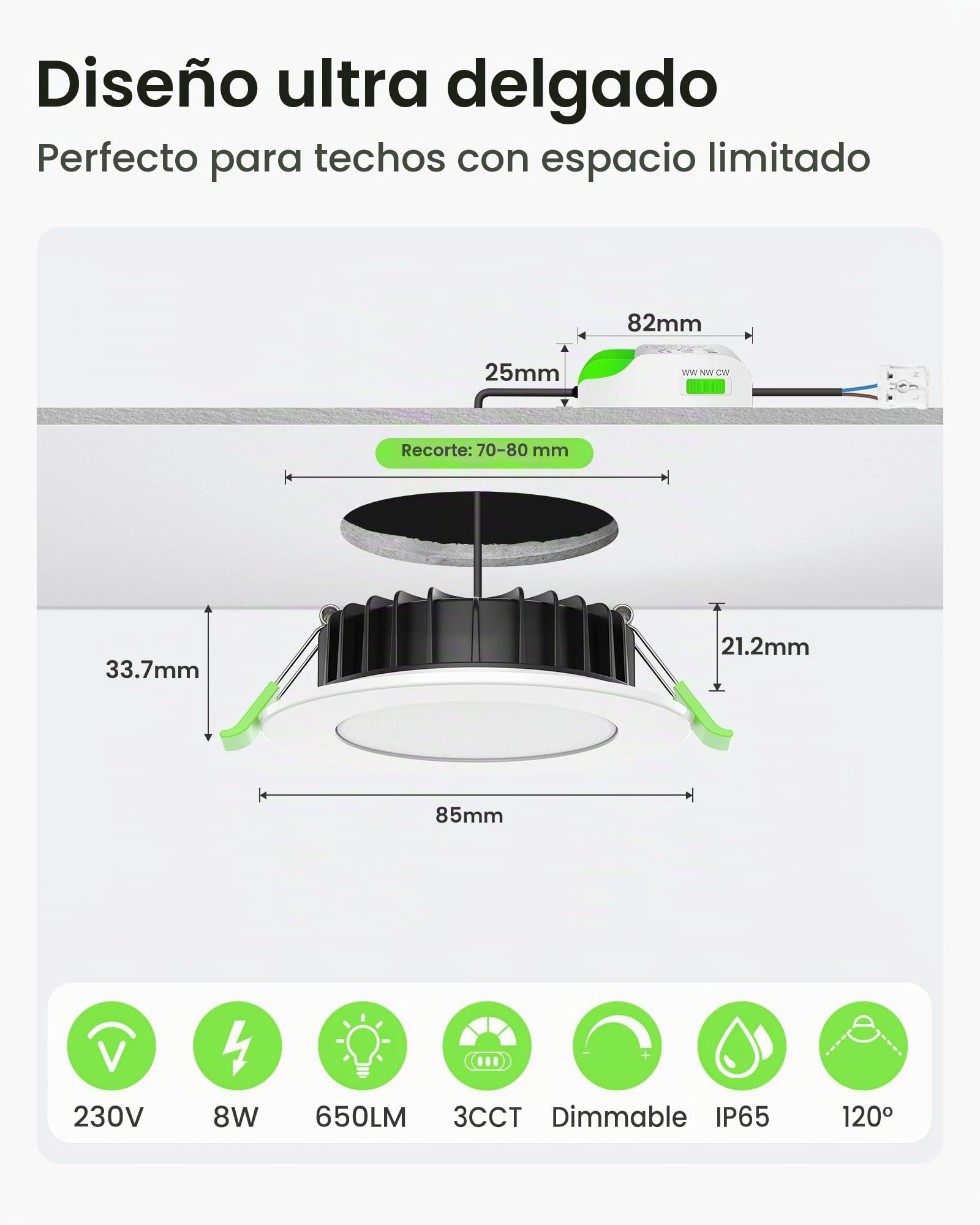 ALUSSO Luces LED empotrables IP65 regulables para techo, ultra delgadas, 8 W, 650 lm, 3000 K/4000 K/5700 K, focos ajustables para baño, cocina, color blanco, paquete de 6