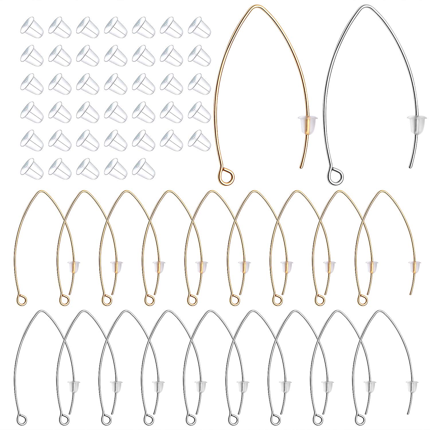 Aylifu 40pcs 316 Stainless Steel Ear Wires V-Shape Hypoallergenic Earrings Hook 40pcs Clear Earring Backs for Jewelry Making Crafting,Silver and Gold