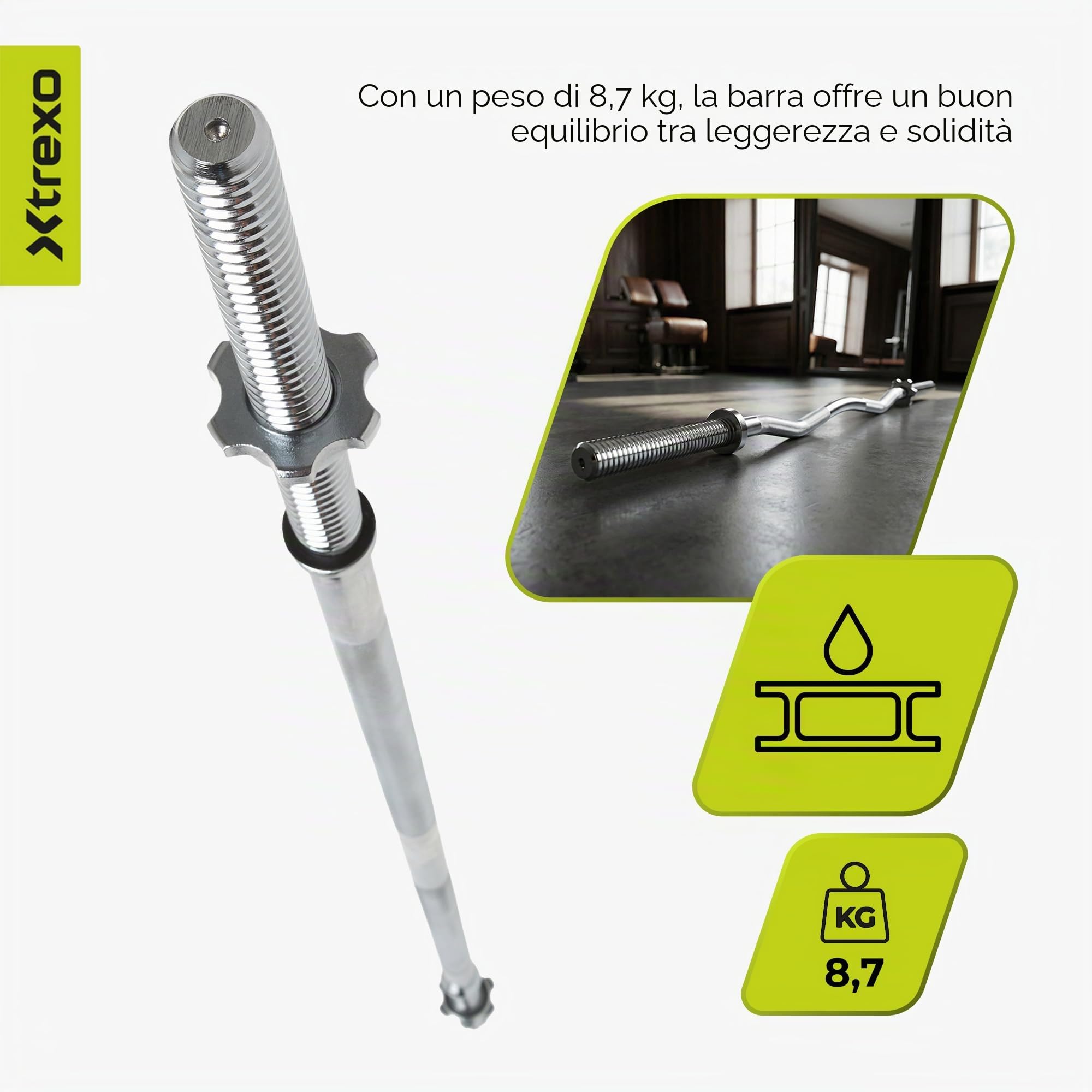 XTREXO TX bilanciere 180 cm – 8,7 kg, capacità di carico 140 kg, diametro 28 mm, acciaio al carbonio, zigrinatura, chiusure a stella, per allenamento di forza a casa, panca, squat, canottaggio
