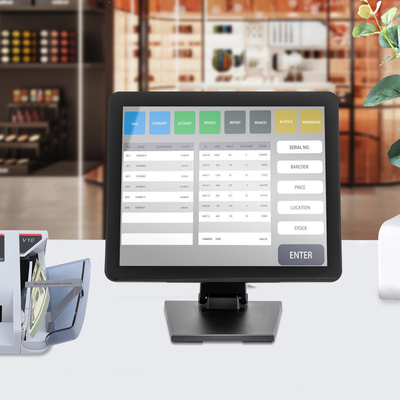 Caisse Enregistreuse Intelligente Électronique, Compatible avec Win7/8/10, Android, Raspberry Pi, Système Linux, Mode Tactile 10 Points, Équipée de Plusieurs Interfaces, Écran LCD, Noir