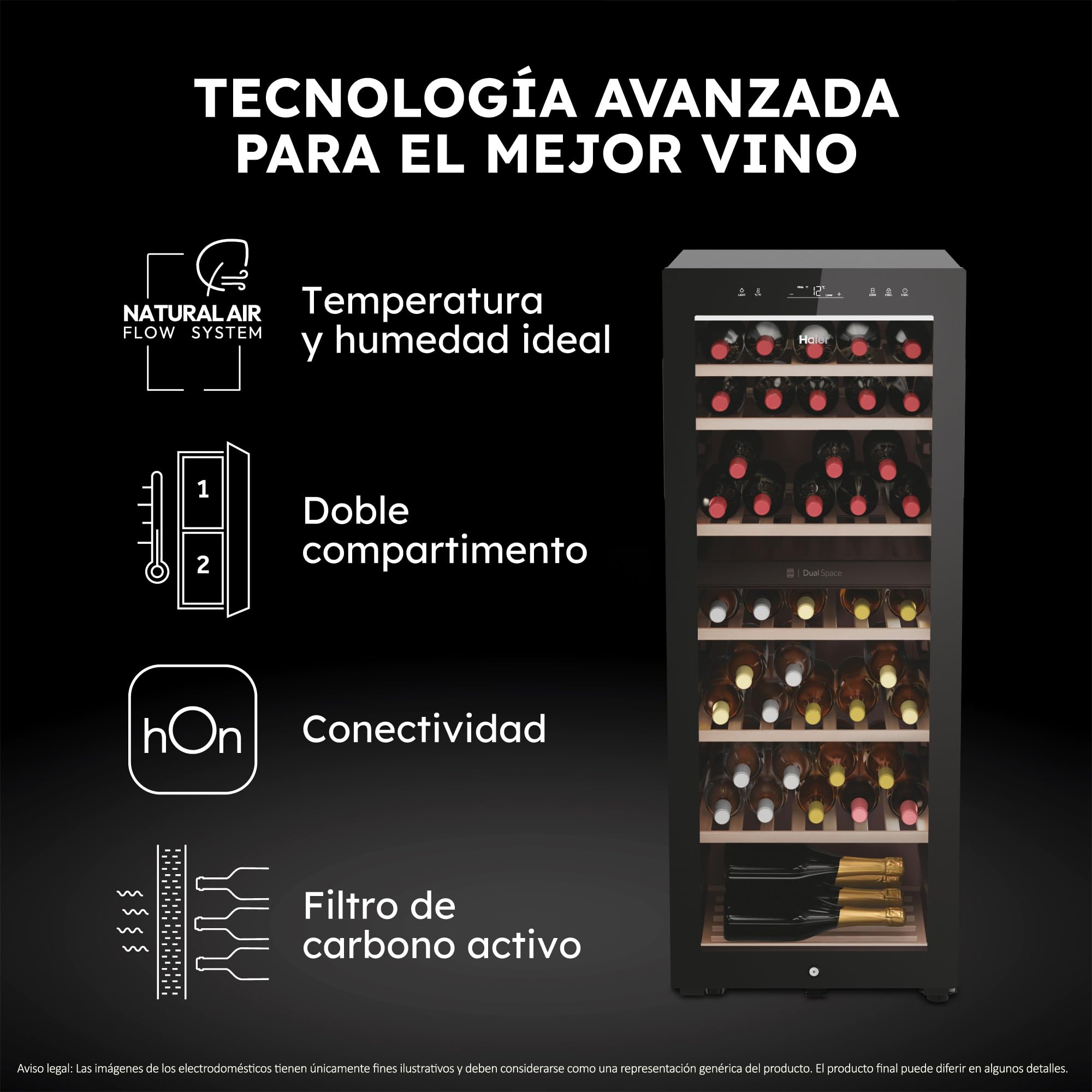 Haier Wine Bank 50 Series 7 HWS77GDAU1 Vinoteca de 77 botellas, WIFI, 2 Zonas, Estantes de madera, Filtro Anti-UV, Filtro de carbón, Refrigeración por Compresor, Display Digital, LED, 37 dbA, Negra