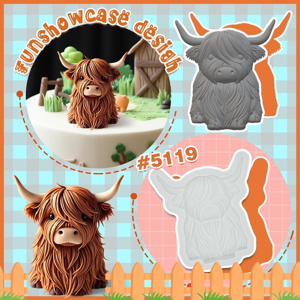 Fondant Mould Highland Cow Farm Animal Cake Topper 3" Tall - Image 2