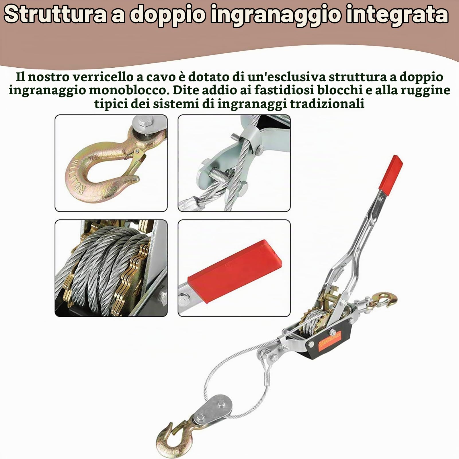 Paranco a Fune a Leva Manuale, Cricchetto a Fune con Doppio Gancio, Argano Manuale a Cricchetto per Costruzioni e Autostrade