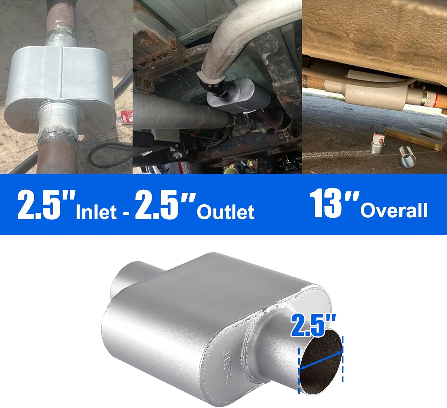 Universal Mufflers, Performance Automotive Exhaust Muffler, Single Chamber center in/center out, silver (2.5")