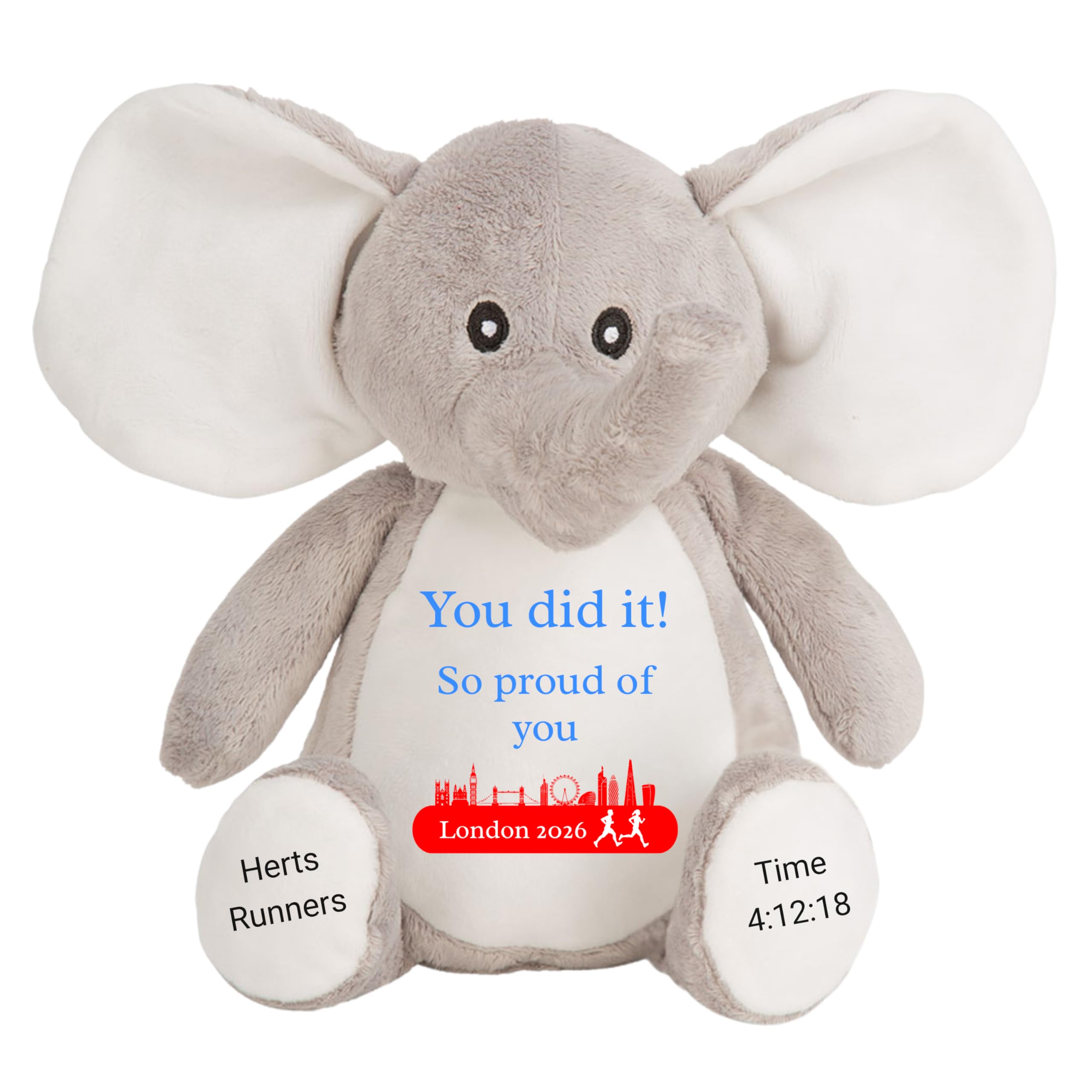 HotScamp Marathon Gift Cuddly Toy - Personalised London 2026 Teddy You Did It! So Proud of You Customised Runner Running Finish Medal Congratulations Well Done Run Soft Cuddly Plushie - Grey Elephant — image 1