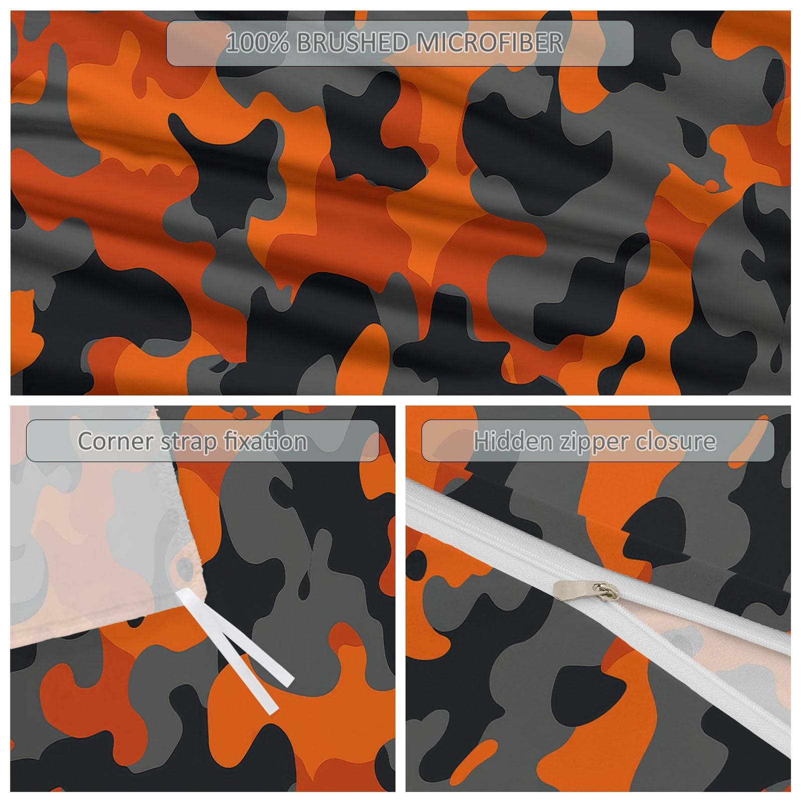 Nowoczesny zestaw pościeli z motywem kamuflażu, geometryczny, 200 x 200 cm, dwustronna pościel dla chłopców i dziewczynek, bardzo miękka poszewka na poduszkę, pomarańczowo-szary
