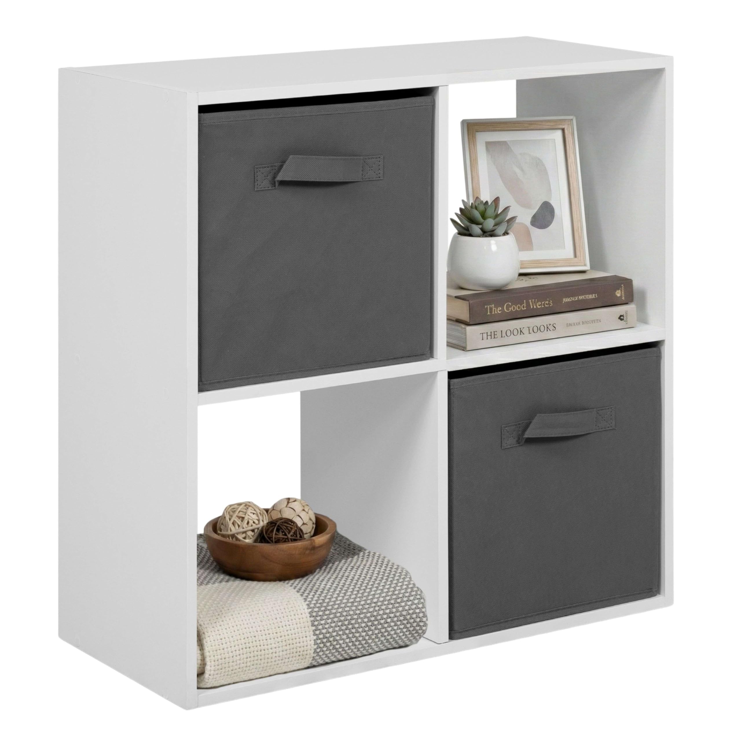 Miroytengo Estantería de Libros 4 Cubos Abril, Estantería de Pie 2 Cajones Tela Salón Blanco Mate y Gris 60x60x28 cm