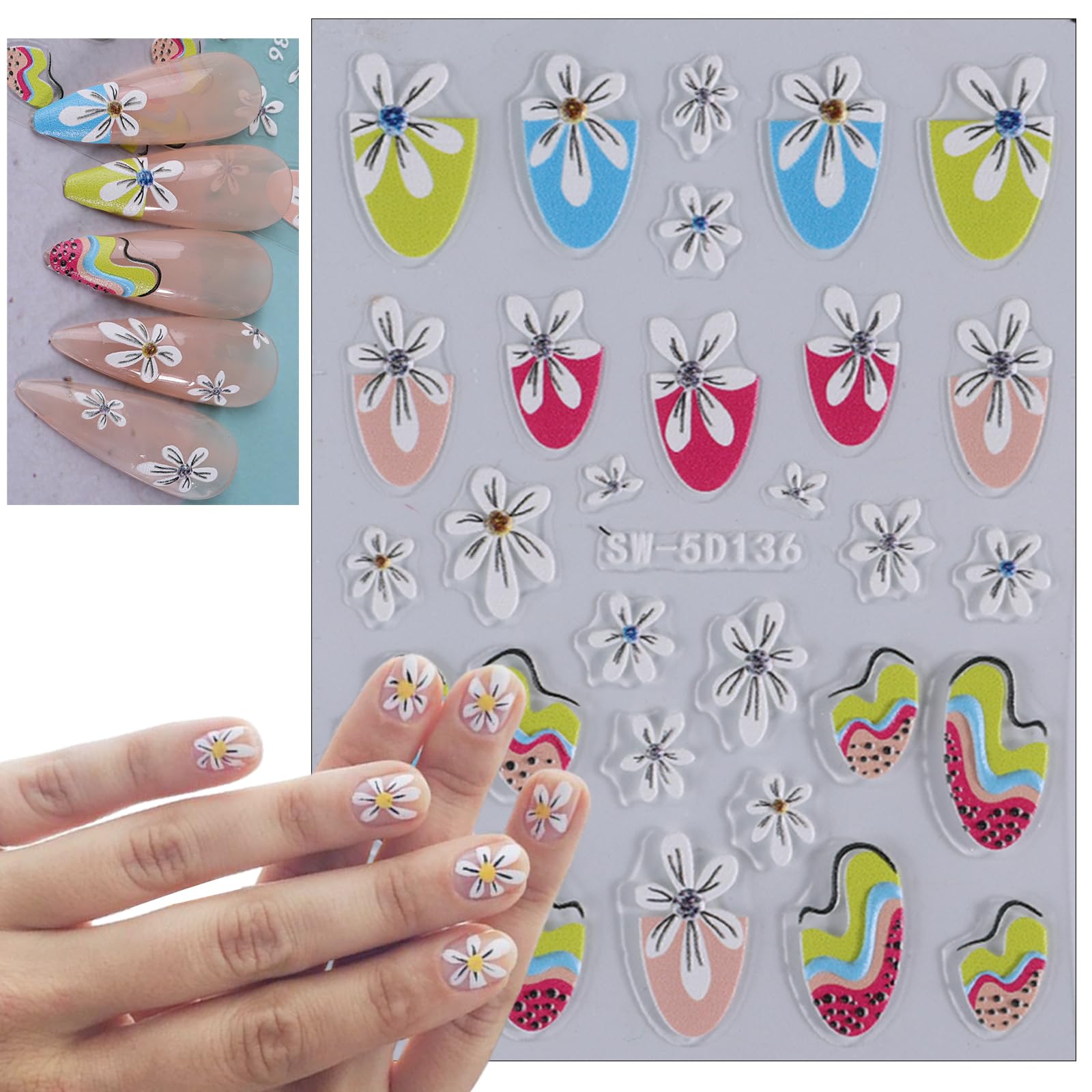 Amazon.com: 4 Sheets Hollow Daisy Flower Nail Art Stickers 5D