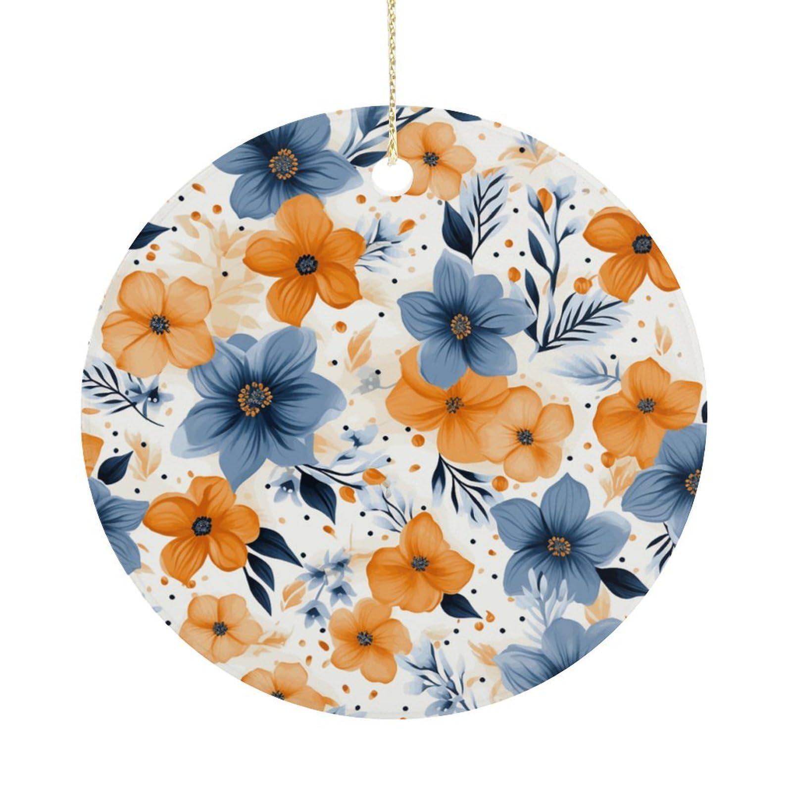 Blue and Orange Flowers on White Background Christmas Ornaments Colorful Round Ceramic Ornament Christmas Hanging Decor Christmas Tree Decorations Xmas Keepsake for Women Men Xmas Holiday Party