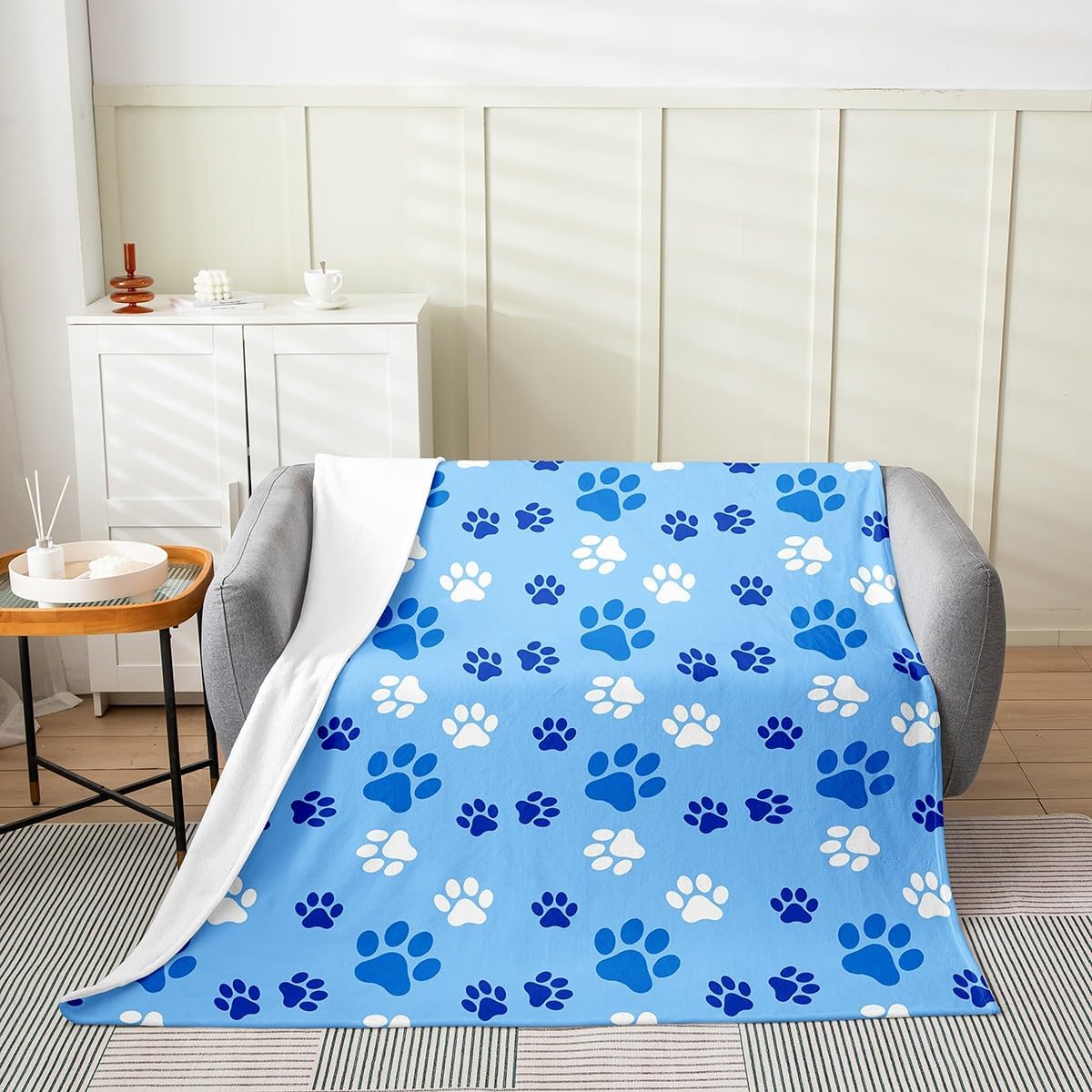 jewelou Cute Animals Paw Flannel Fleece Throw, Dog Paw Print Bed Blanket, Kawaii Decor Fuzzy Blanket for Bed Sofa Couch, Blue Plush, 40"x50"