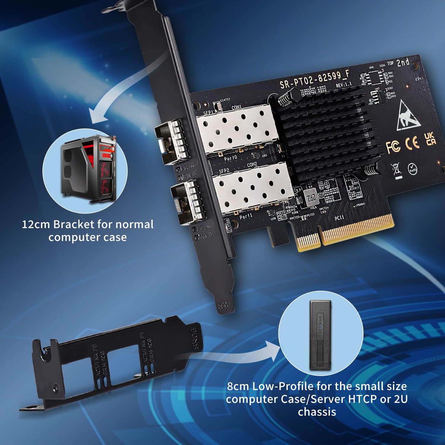 Carte Réseau PCIe 10Gb Dual Port VIMIN - Puce Intel 82599 (X520-DA2), Adaptateur Ethernet SFP 10Gbps, Compatible Windows/Linux/VMware, PCIe X8/x16