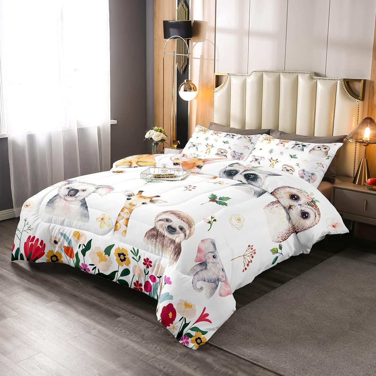 Parure de lit pour garçons et enfants - Motif animaux Kawaii - Feuilles vertes - Décoration de chambre - Aquarelle - Paresseux koala - Pour chambre à coucher - Motif girafe et éléphant - 1 couette et
