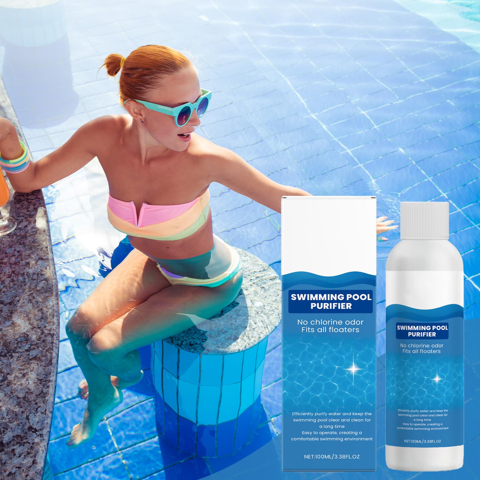 3PCS Swimming Pool Purifier, Sanftes Poolklar, Trübungsentferner Für Kristallklares Wasser, Wasserwechsel-Intervall Verlängern, Für Pools,Planschbecken,Etc, Mit Handschuhe(100ml)