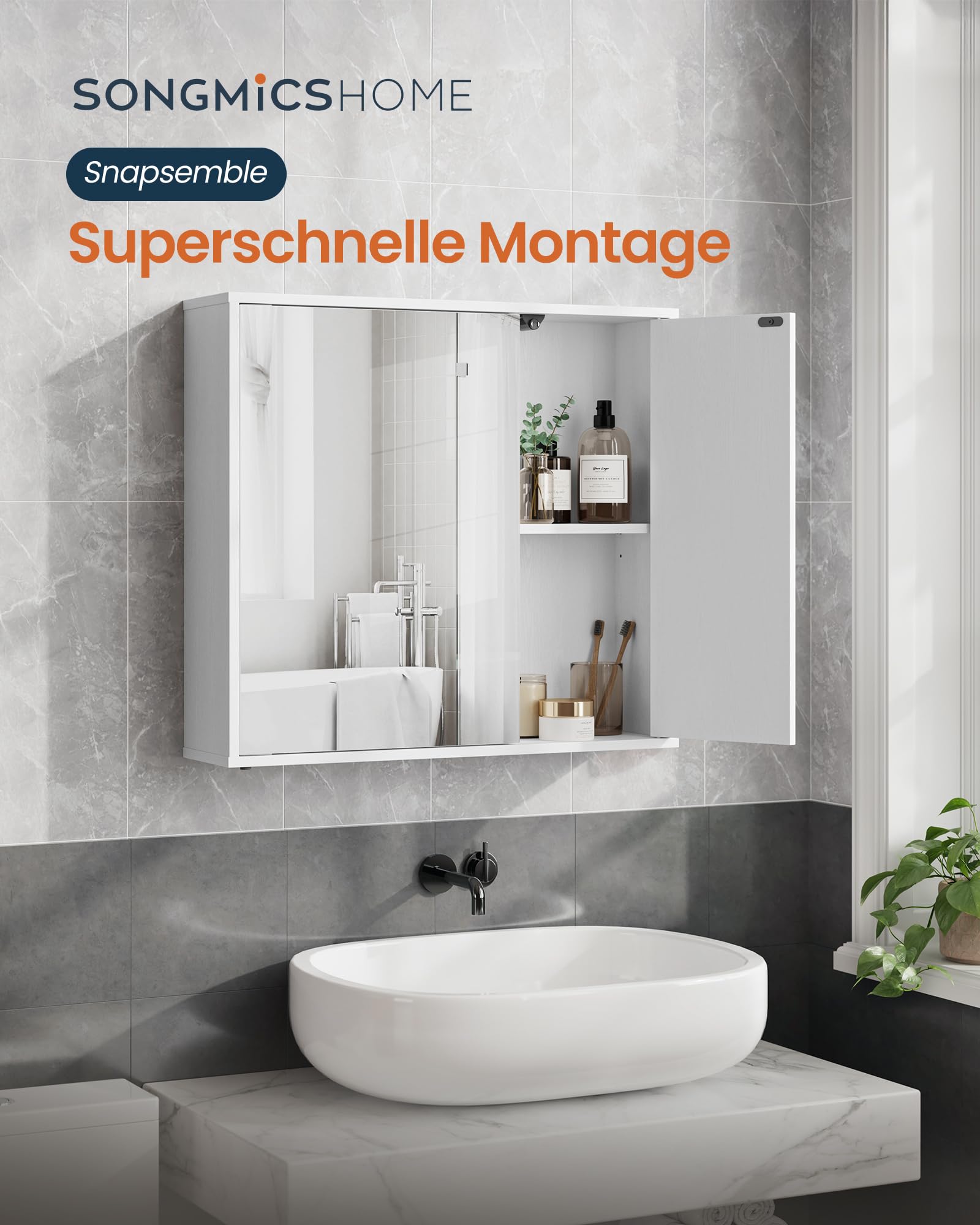 SONGMICS Home Spiegelschrank, Snapsemble – superschnelle Montage | Badezimmerschrank, Badspiegel, verstellbare Ablagen, modern, 15 x 60 x 55 cm, schneeweiß, KADIN Kollektion BBC114WE01