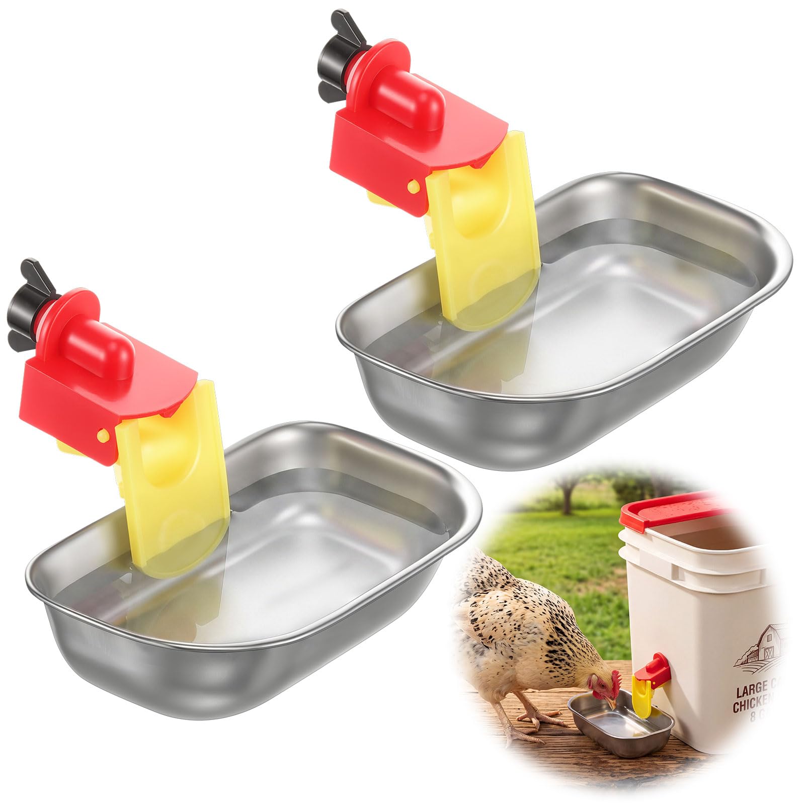 2 Pack Stainless Steel Chicken Waterer Cups, Auto Fill Poultry Water Cups