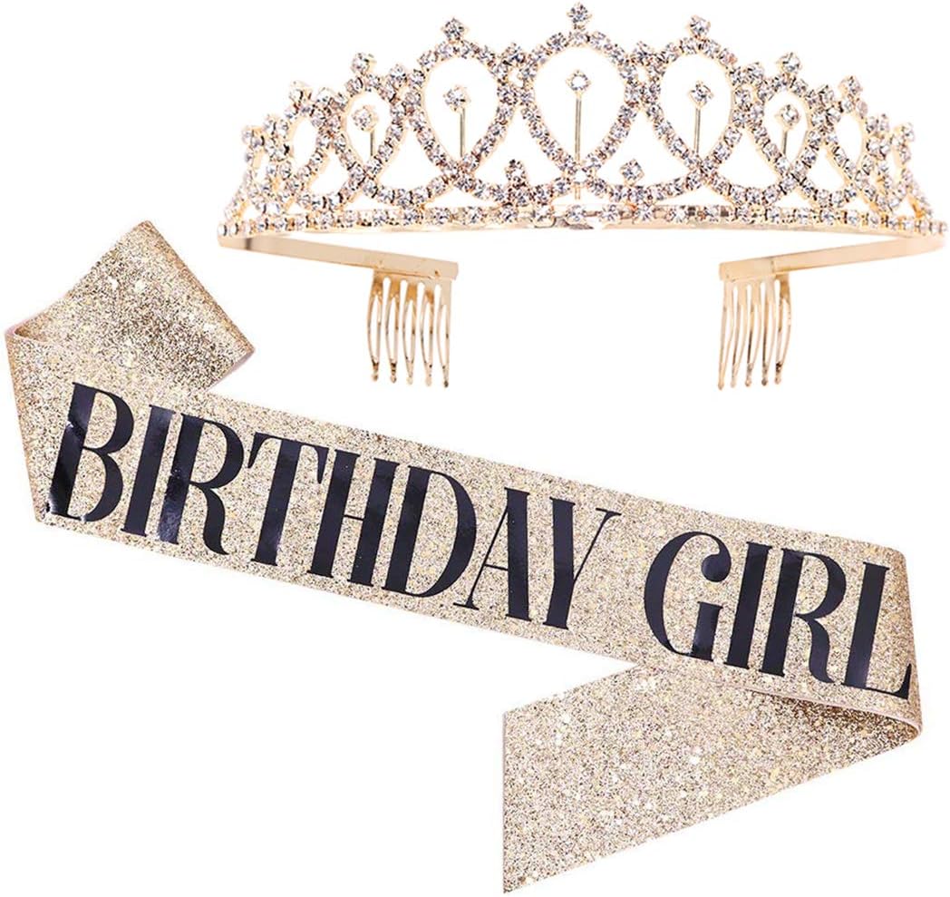 Birthday Girl Sash & Rhinestone Tiara Kit - Gold Glitter Birthday Sash for Women's Parties
