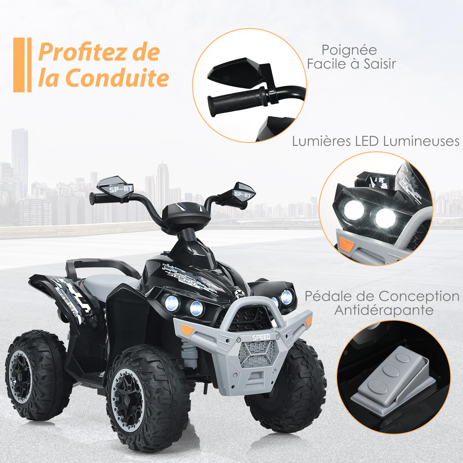 COSTWAY 12V Quad Électrique Enfant avec Phares & Musique & Klaxon, Voiture Électrique avec Pédale & Guidon Antidérapant, 2,2/4,3 KM/H, Charge 35kg pour Enfants de 3-8 Ans (Rose