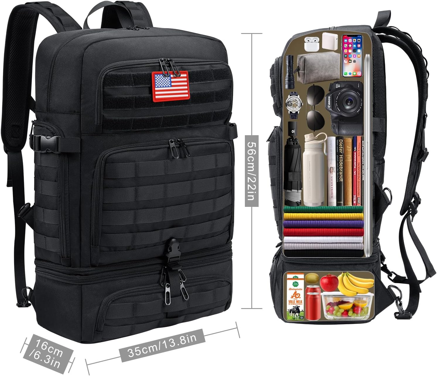 BERTASCHE Lunch Backpack for Men, 17 inch Laptop Backpack for Work Travel Camping Tactical Molle Daypack, Black - Image 2