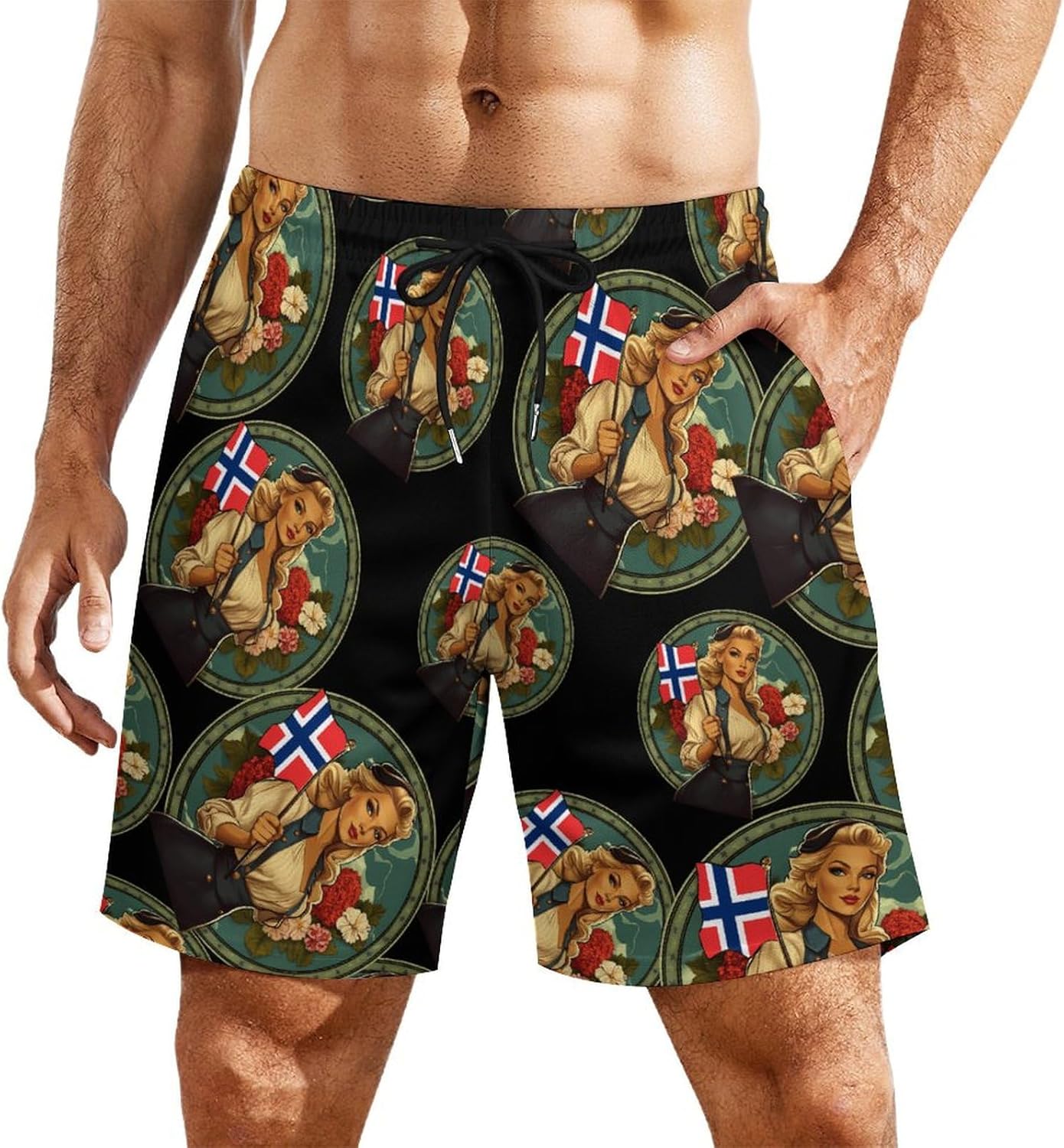 Norwegian Bunad Girl Flag Mens Swim Trunks Summer Beach Shorts Board Shorts Swimwear Bathing Suits with Pockets
