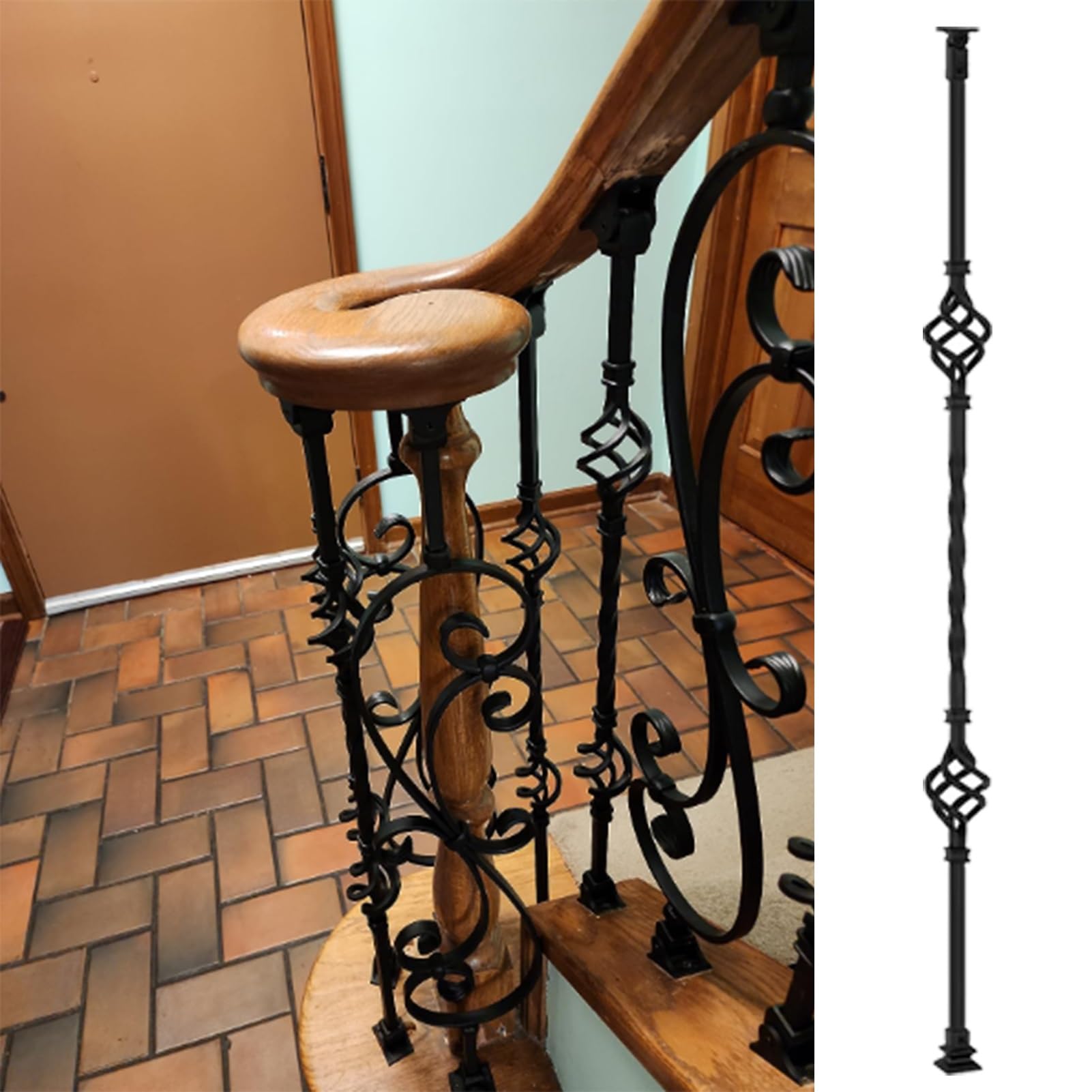Balustres d'escalier en métal noir 14 mm avec coupelles pour rénovation garde-corps
