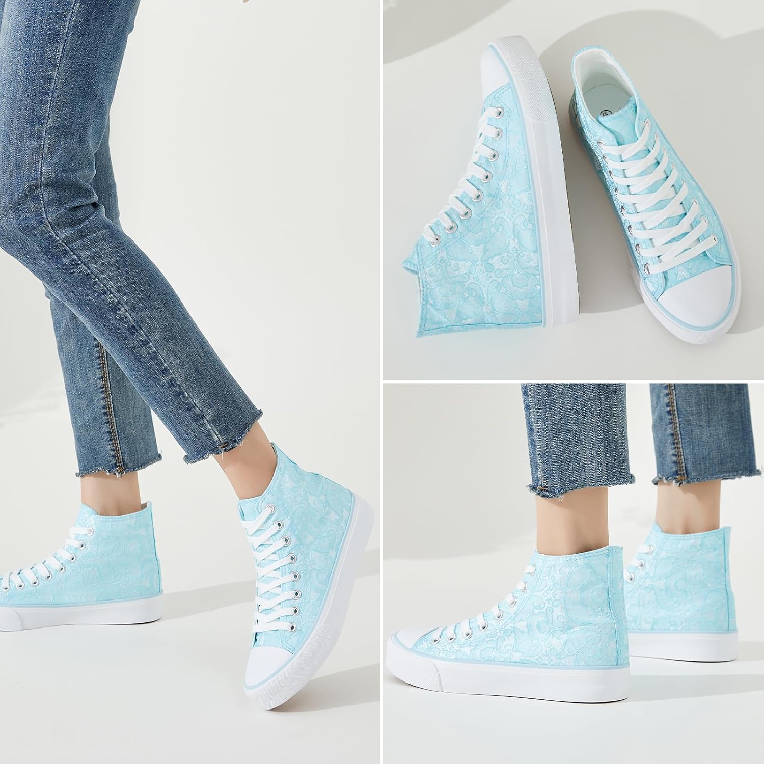 BENPAO Women's High Top Canvas Sneakers, Floral Embroidered Fashion Tennis Shoes - White Breathable Casual Walking Shoes - Image 2