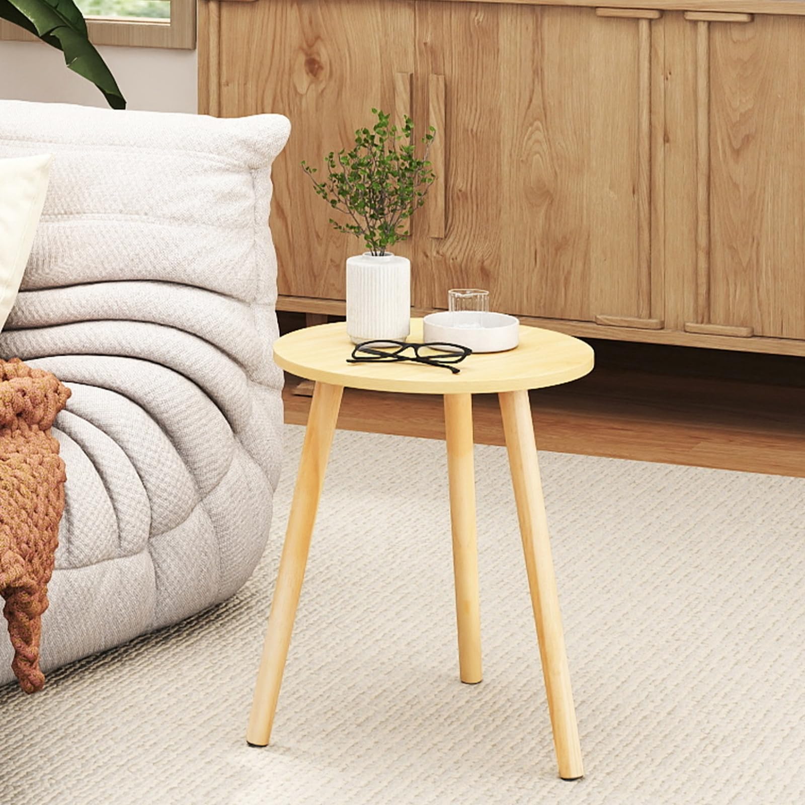 COSTWAY Round Coffee Table, Small Side Table Cocktail Tea Desk, Nightstand Bedside Sofa End Tables for Living Room, Bedroom and Balcony (Round with Solid Wood Legs, Natural)