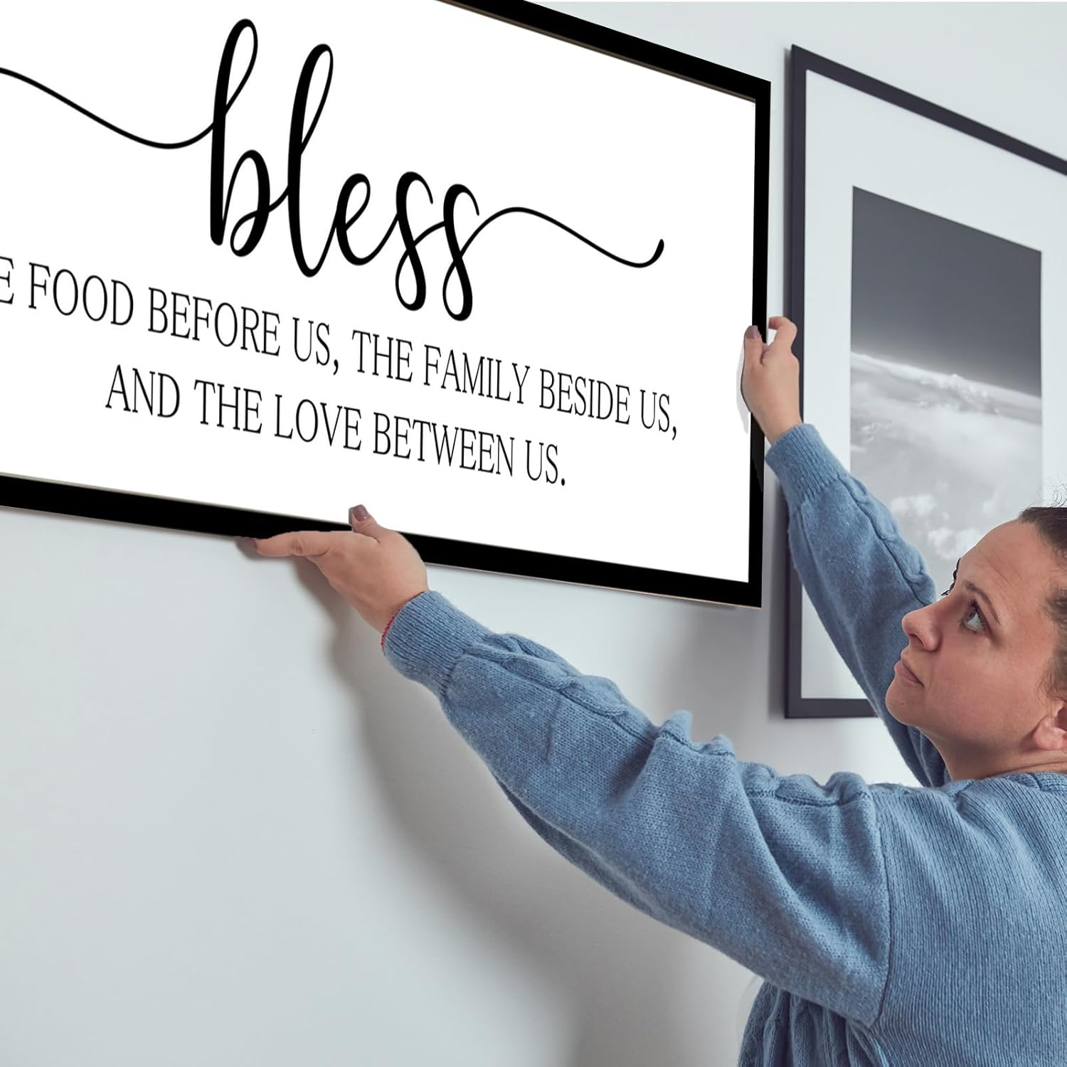 Rutiyoka Bless the Food Before Us Sign Framed Farmhouse Dining Room Wall Decor Large 42"×15" Wood Kitchen Wall Art Black