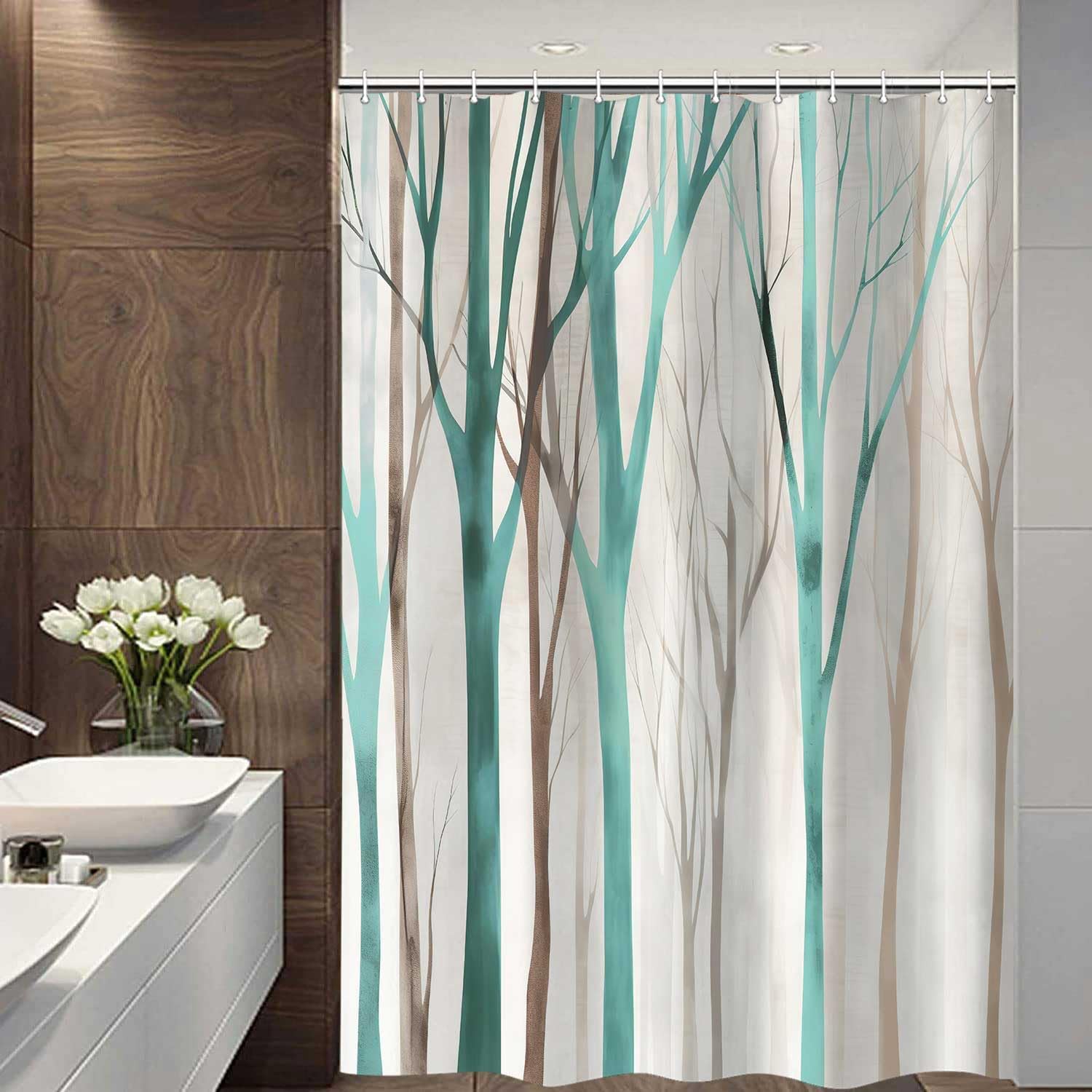 MERCHR Brown Teal Tree Fabric Shower Curtain, Art Style Abstract Birch Forest Rustic Wood Polyester Fabric Waterproof Bath Curtain, Farmhouse Bathroom Shower Curtains with Hooks 72X84 Inch