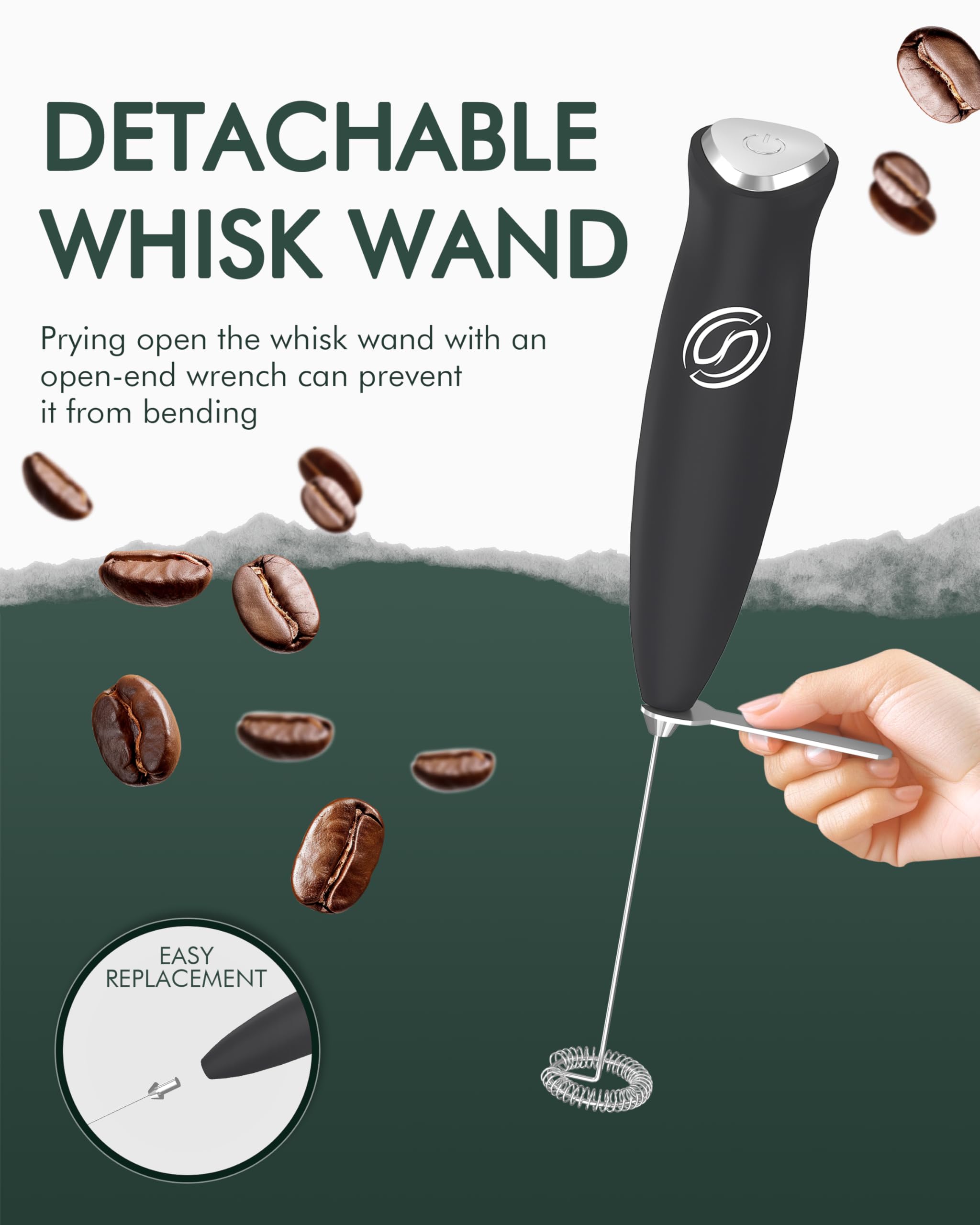 Espumador de leche, espumador de café, batidora de mano con 2 batidores, agitadores eléctricos, espumador de leche eléctrico para mezclador de café, varita espumadora de leche, color negro 6