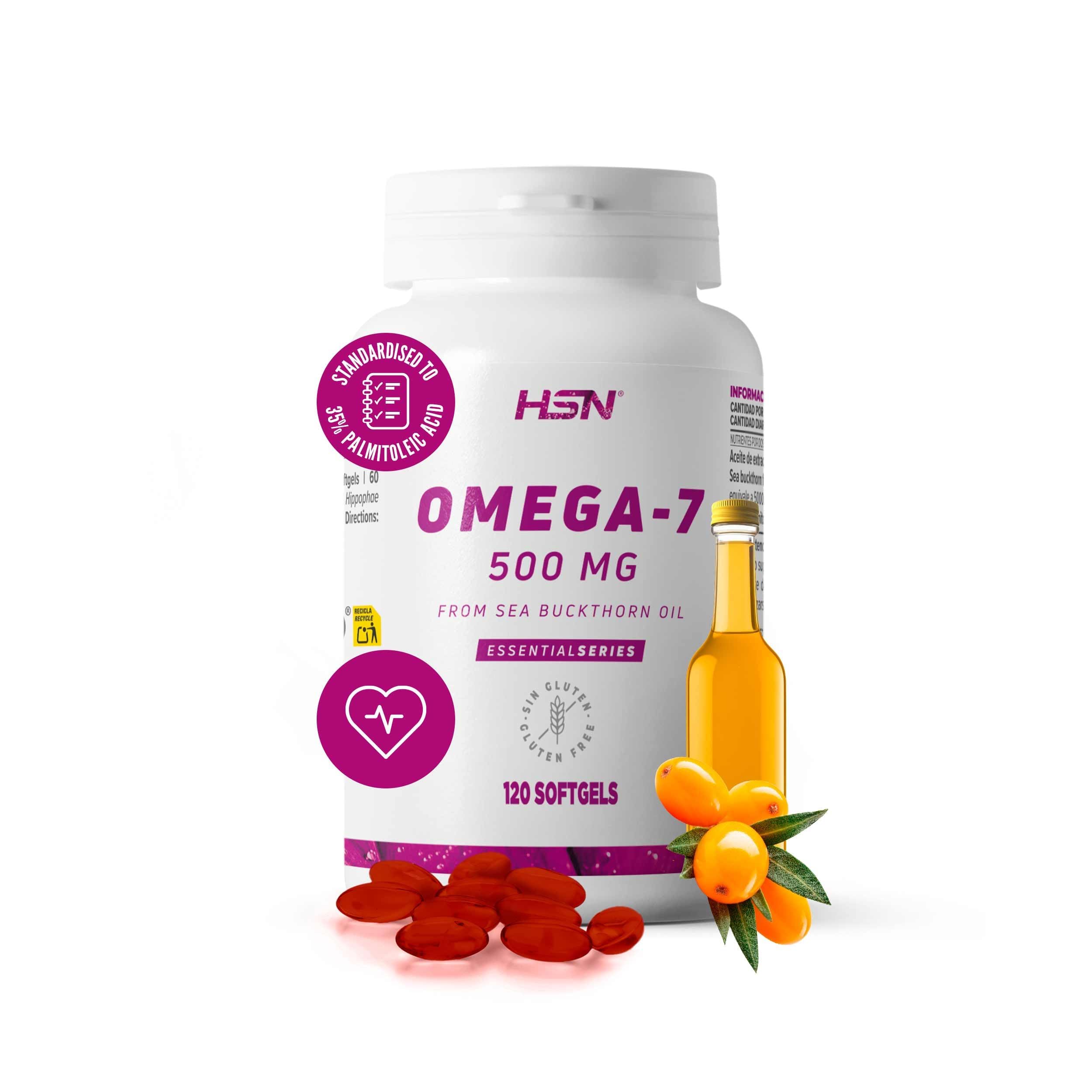 HSN Omega 7 Aceite de Espino Amarillo 500mg | 120 Perlas | Estandarizado al 35% en Ácido Palmitoleico | 5000mg equivalencia fruto de Hippophae rhamnoides | No-GMO, Sin Gluten ni Lactosa