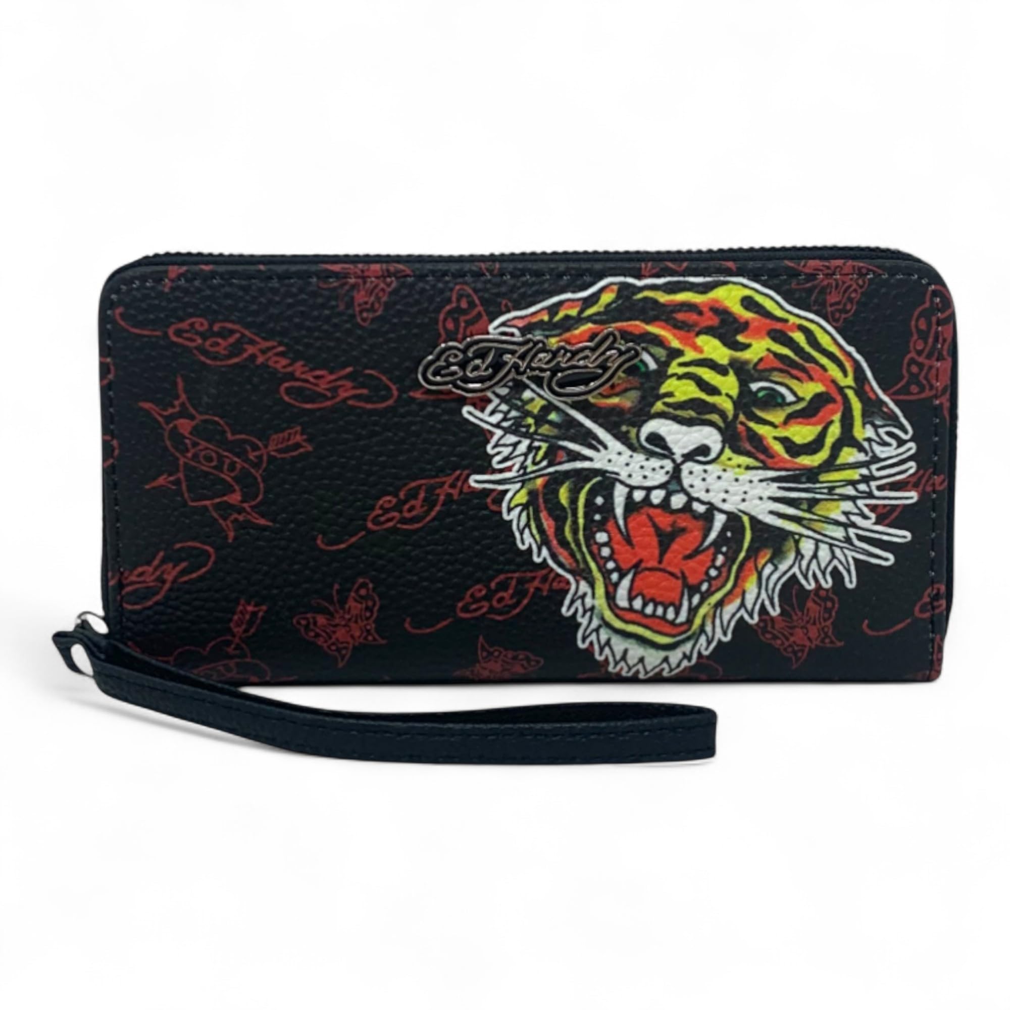 ED HARDY Carteira feminina com zĂper e alça de pulso - Preto/Vermelho Pebbled