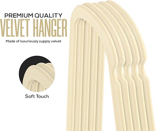 Miniatura 7 de Utopia Home Perchas de terciopelo de alta calidad, paquete de 20 unidades, perchas antideslizantes con barra de amarre, perchas color marfil,