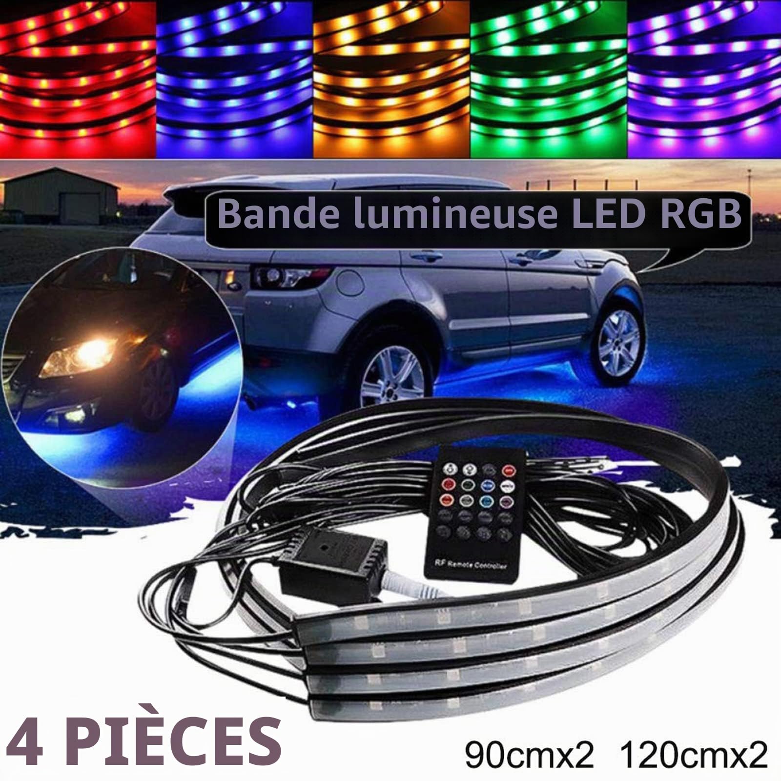 Lychee Flexible Multicolore RGB LED Neon pour Auto sous Chassis Strip Glow Eclairage IR Telecommande 90x60 CM IP68 Etanche avec Fonction de contrôle Acoustique et contrôle de télécommande sans Fil
