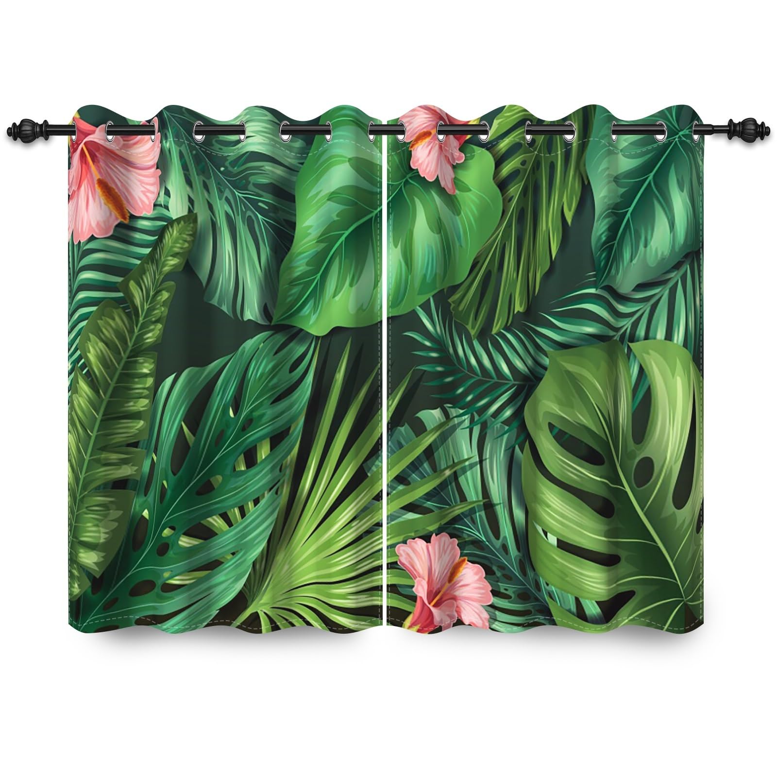 107x160cm Rideaux à œillets Feuilles Tropicales Feuilles de Palmier Vertes Fleur Rose Impression Rideaux isolants Thermiques occultants pour Chambre Salon Salle à Manger,2 Panneau