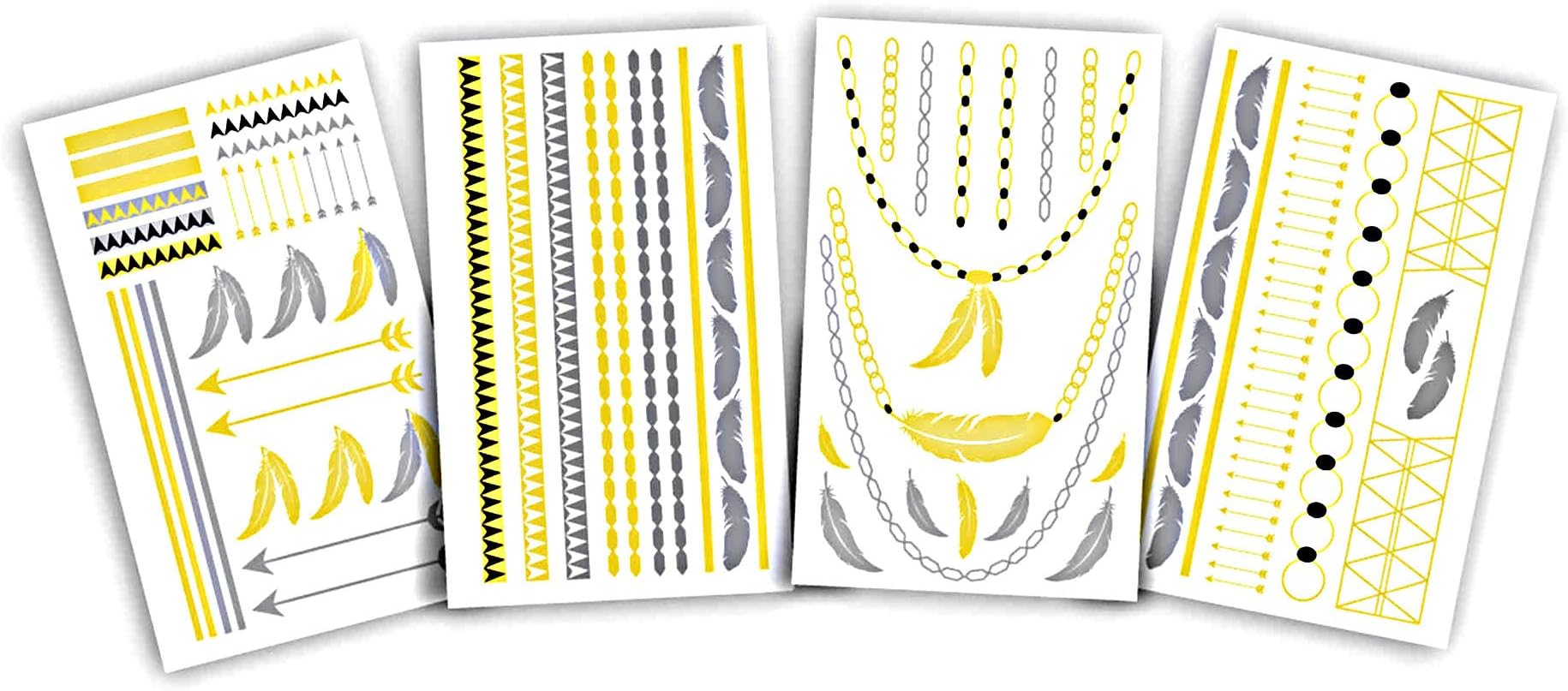 Hot Jewels Metallic Temporary Tattoos 2 Pack Feathers & Classic Body Jewelry 8 Sheets