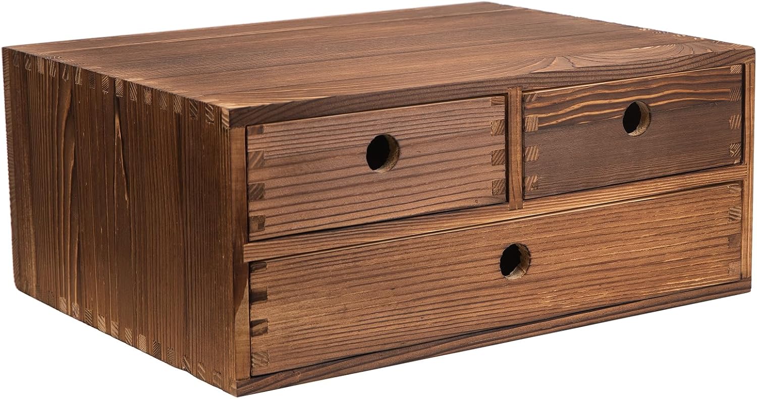 Rustic Torched Brown Wood Desk Storage Cabinet Drawers Round Cutout Handles Countertop Wooden Organizer Table Top Stand Box Holder Jewelry Keepsake Caddy Mini Dresser Home Office Farmhouse