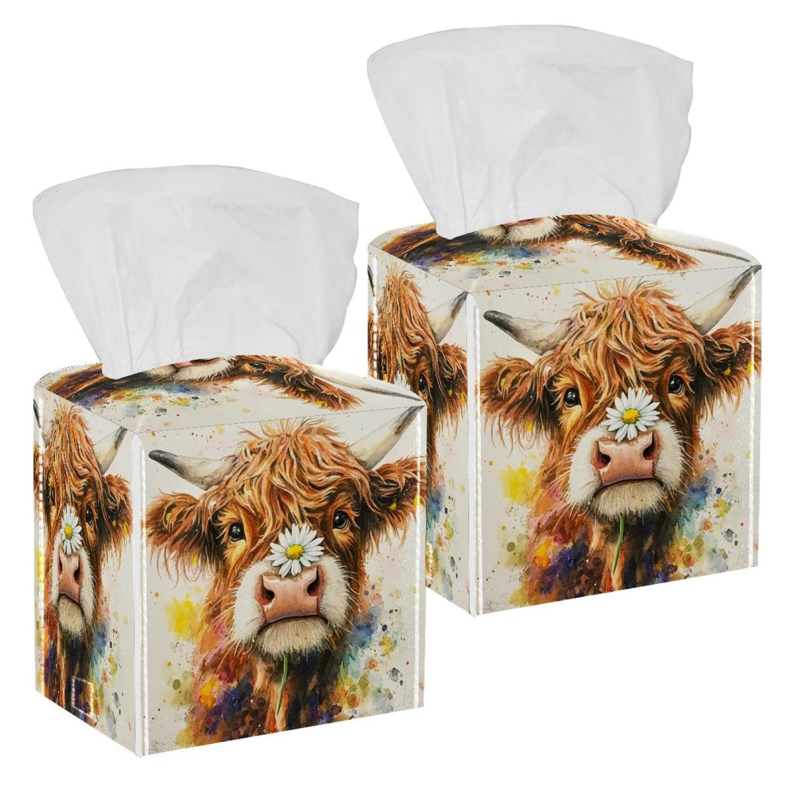 Watercolor Cow Tissue Box Cover, 2 Pack PU Leather Square Facial Tissue Dispenser Box holder for Home Office Car
