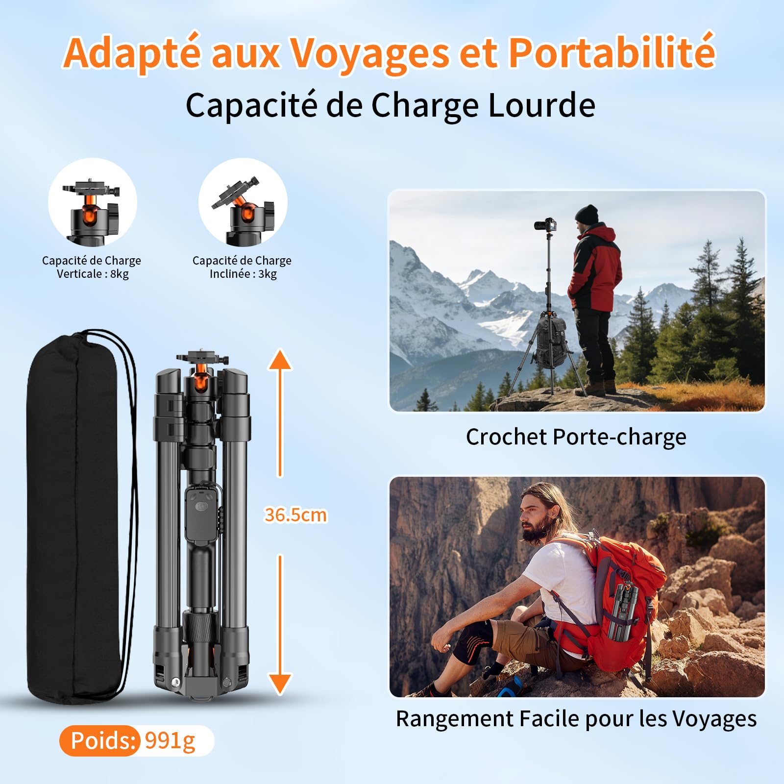 XXZU 191cm Trepied Appareil Photo, Matériel d'assemblage pour Studio Photo, Trepied Telephone Léger En Aluminium Avec Support Pour Téléphone Et Rotule À 360°, Trépied Pour Caméra/Smartphone/Projecteur