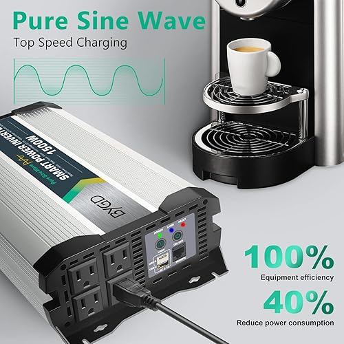 Miniatura 5 de BYGD 1500W Pure Sine Wave Power Inverter DC 12V to 110V AC Car Interter with 4 AC Outlets, USB and Type C Ports Charger, Inverter for RV Vehicles