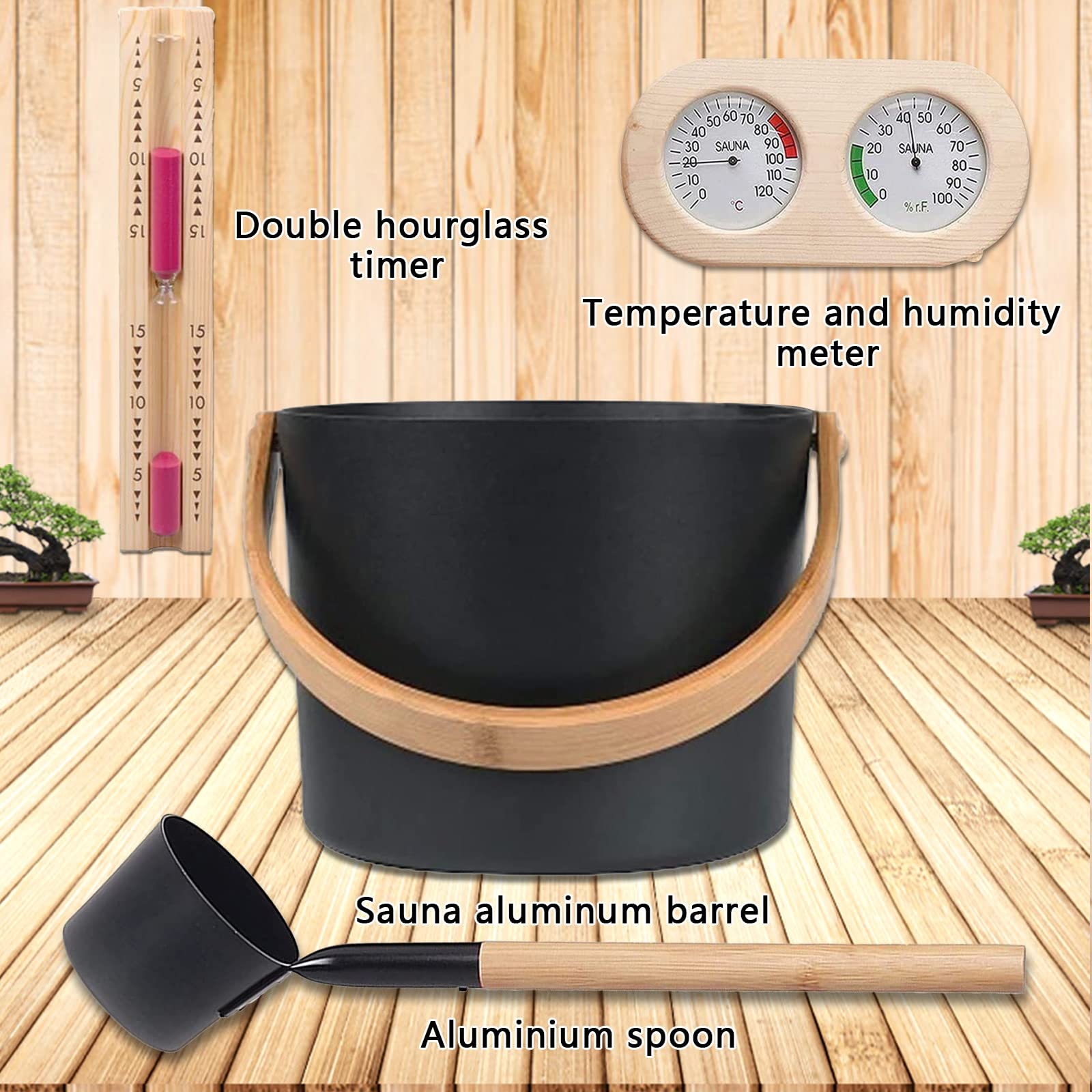 4PCS 7L Seau Pour Sauna, Set Complet Pour Sauna Seau Avec Louche En Bois Pin Finlandais Haute Qualité Accessoires Pour Sauna Seau Pour Infusion (Seau Pour Sauna+Louche+Thermomètre Hygromètre+Sablier)