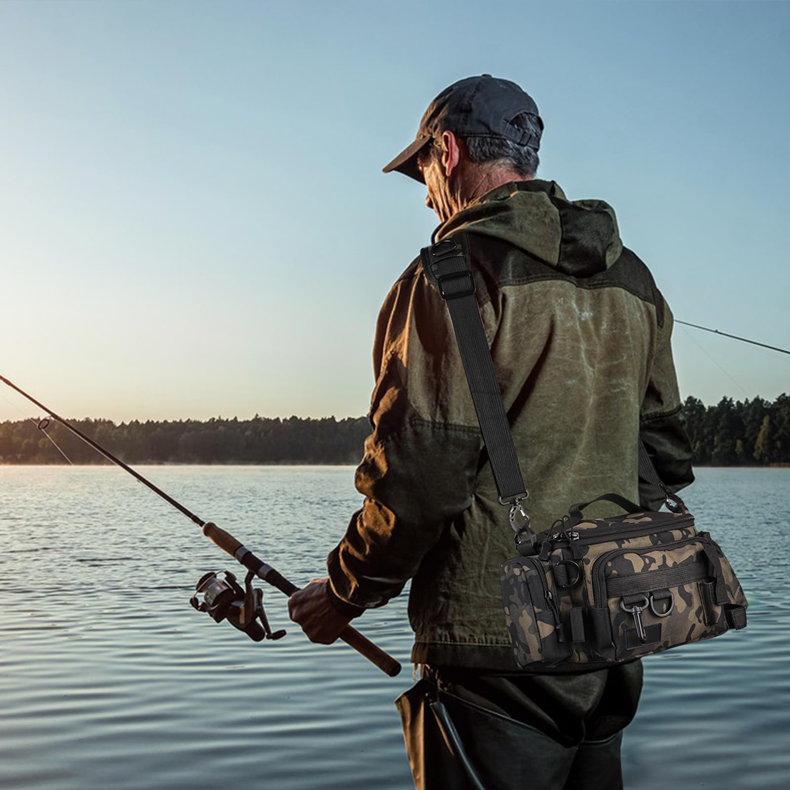 Angeltasche Angelausrüstungstasche Angelgerätetasche Angelkoffer Forellen Tasche Angeln mit gepolstertem Schultergurt und Tragegriffe Anglertasche für Angeln Wandern Jagd Camping Reisen Kommt