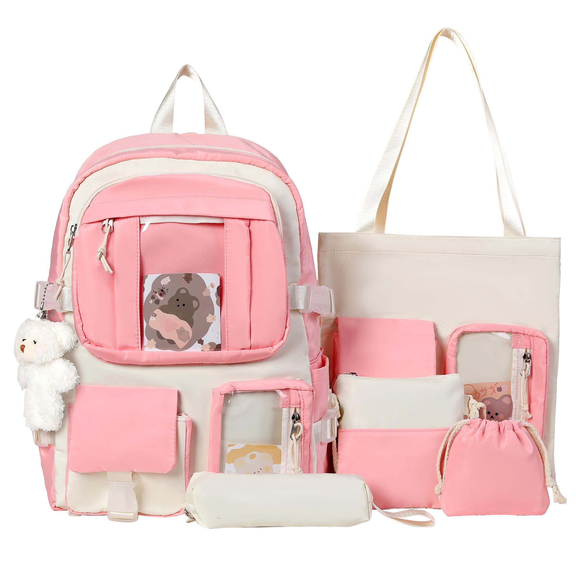 HORHEAR HORHREAR - Juego de 5 mochilas Kawaii para la escuela, bonita mochila transparente con colgante estético para niñas y niños